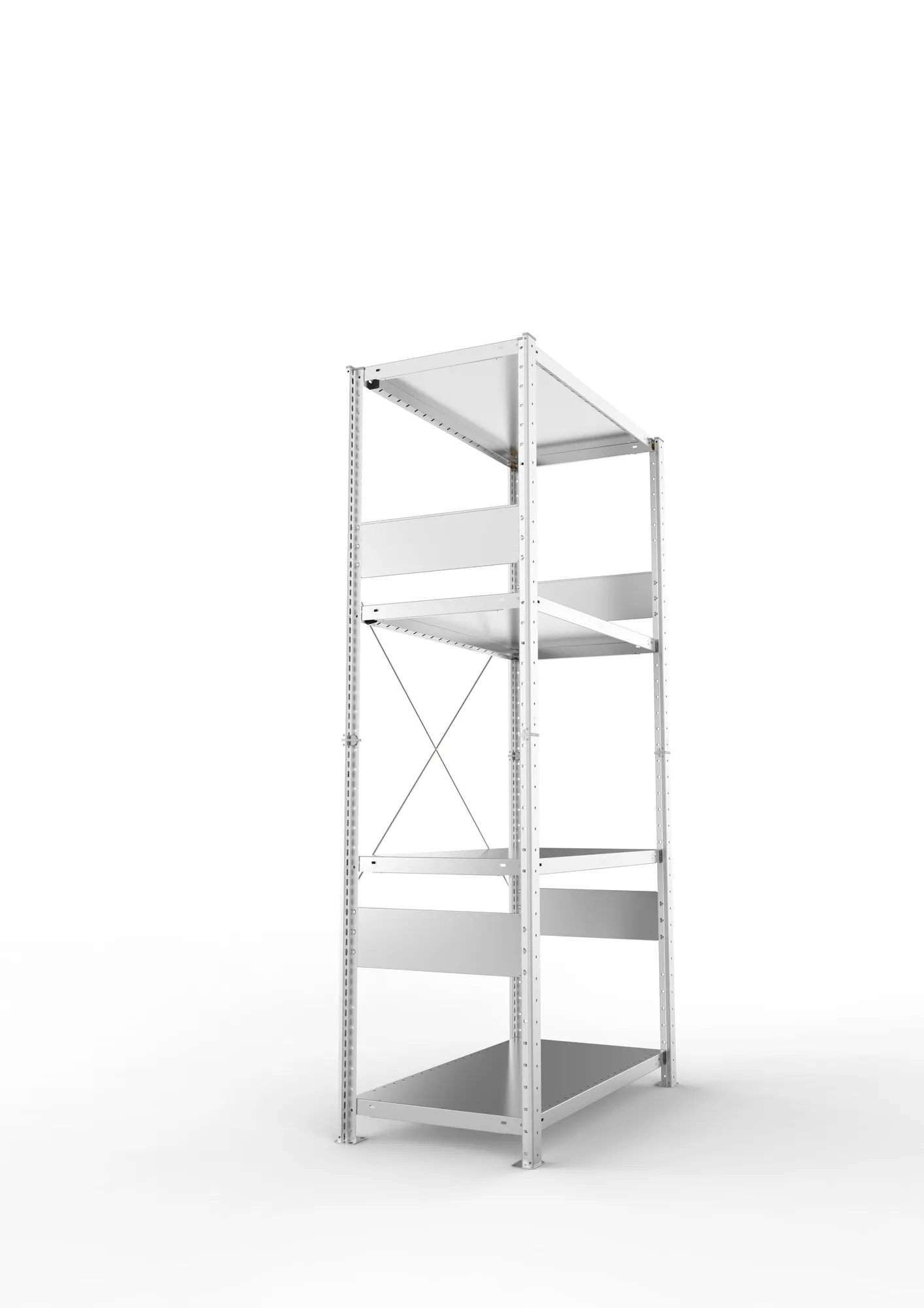 META CLIP SPLIT, Fachbodenregal, Grundregal, 2000 x 1000 x 500 mm, Fachlast 230 kg, 4 Ebenen, verzinkt – Seitenansicht