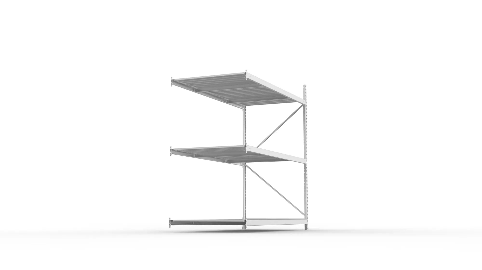 META MINI-RACK, Weitspannregal, Anbauregal, 2200 x 2200 x 1050 mm, Fachlast 600 kg, Stahlpaneelböden, 3 Ebenen – Seitenansicht