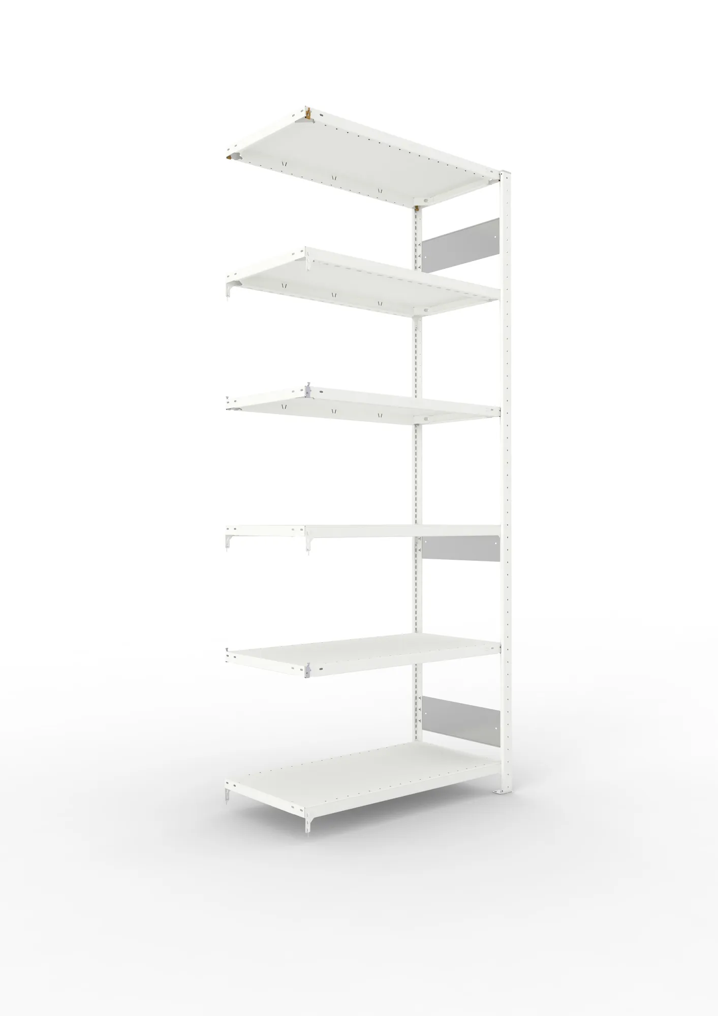 META CLIP S3, Fachbodenregal, Anbauregal, 2500 x 1000 x 500 mm, Fachlast 150 kg, 6 Ebenen, Längsriegel, RAL 7035 – Ansicht in Blickhöhe