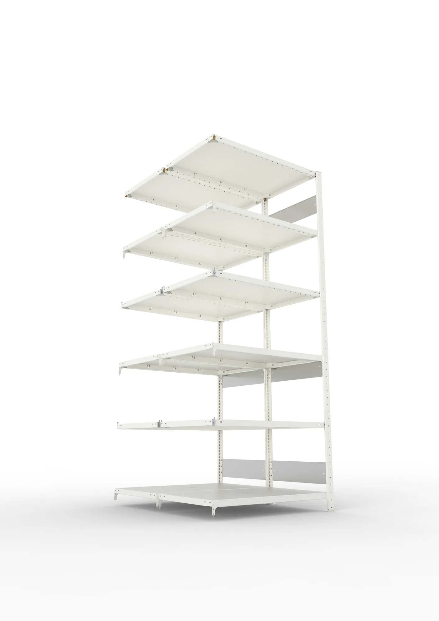 META CLIP S3, Fachbodenregal, Doppel-Anbauregal, 2500 x 1000 x 600 mm, Fachlast 150 kg, 6 Ebenen, Längsriegel, RAL 7035 – Ansicht von unten