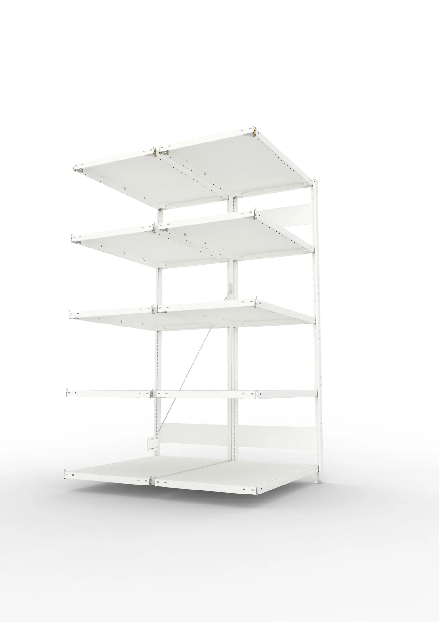 META CLIP, Fachbodenregal, Doppel-Anbauregal, 2000 x 1000 x 600 mm, Fachlast 150 kg, 5 Ebenen, RAL 7035 – Seitenansicht