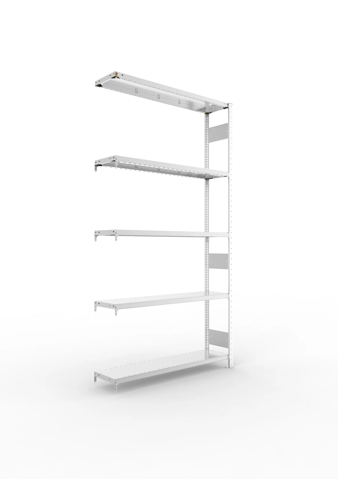 META CLIP S3, Fachbodenregal, Anbauregal, 2500 x 1300 x 300 mm, Fachlast 230 kg, 5 Ebenen, Längsriegel, verzinkt – Ansicht in Blickhöhe