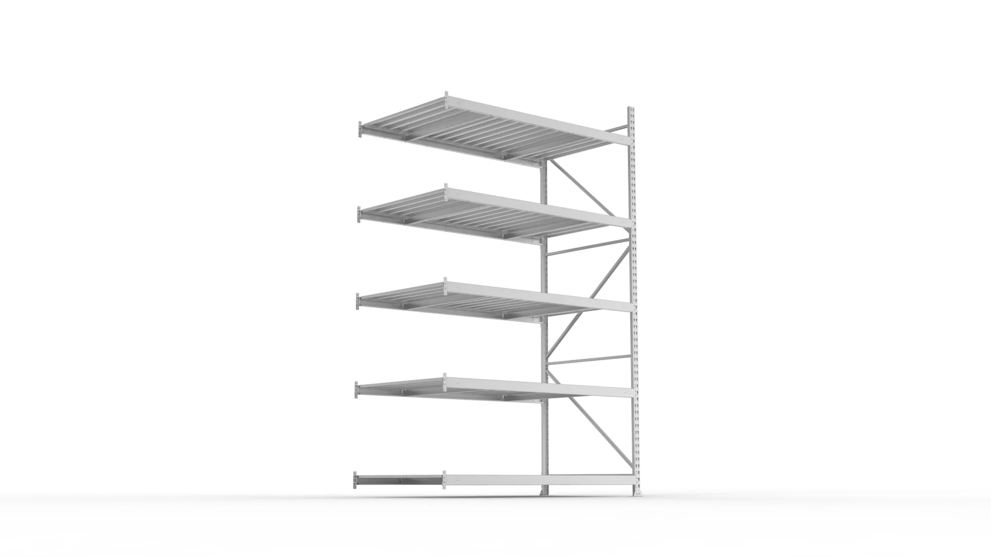 META MINI-RACK, Weitspannregal, Anbauregal, 3000 x 1800 x 1050 mm, Fachlast 600 kg, Stahlpaneelböden, 5 Ebenen – Ansicht von unten