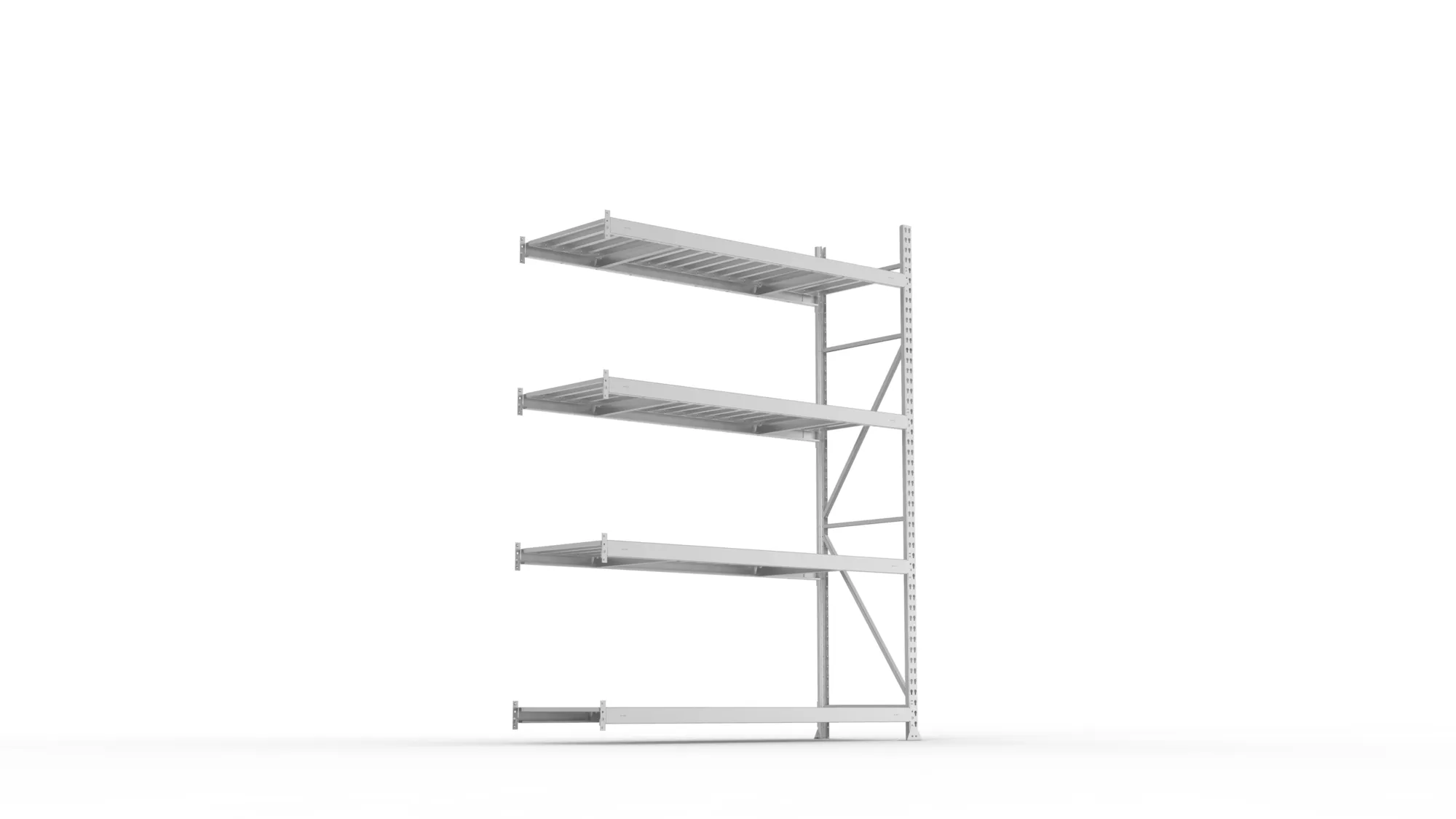 META MINI-RACK, Weitspannregal, Anbauregal, 2500 x 1800 x 650 mm, Fachlast 600 kg, Stahlpaneelböden, 4 Ebenen – Ansicht von unten