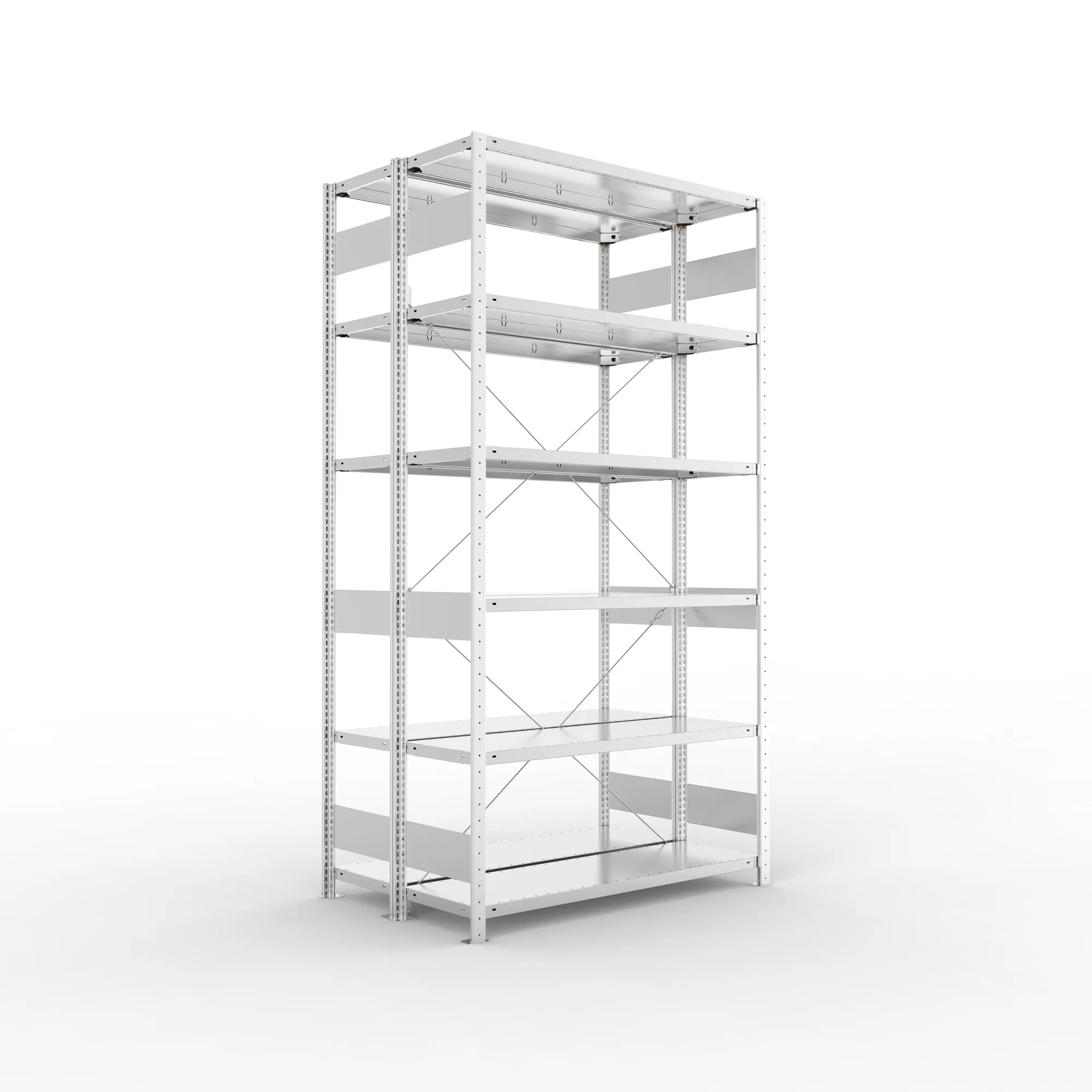 META CLIP S3, Fachbodenregal, Doppel-Grundregal, 2500 x 1300 x 400 mm, Fachlast 150 kg, 6 Ebenen, verzinkt – Ansicht in Blickhöhe