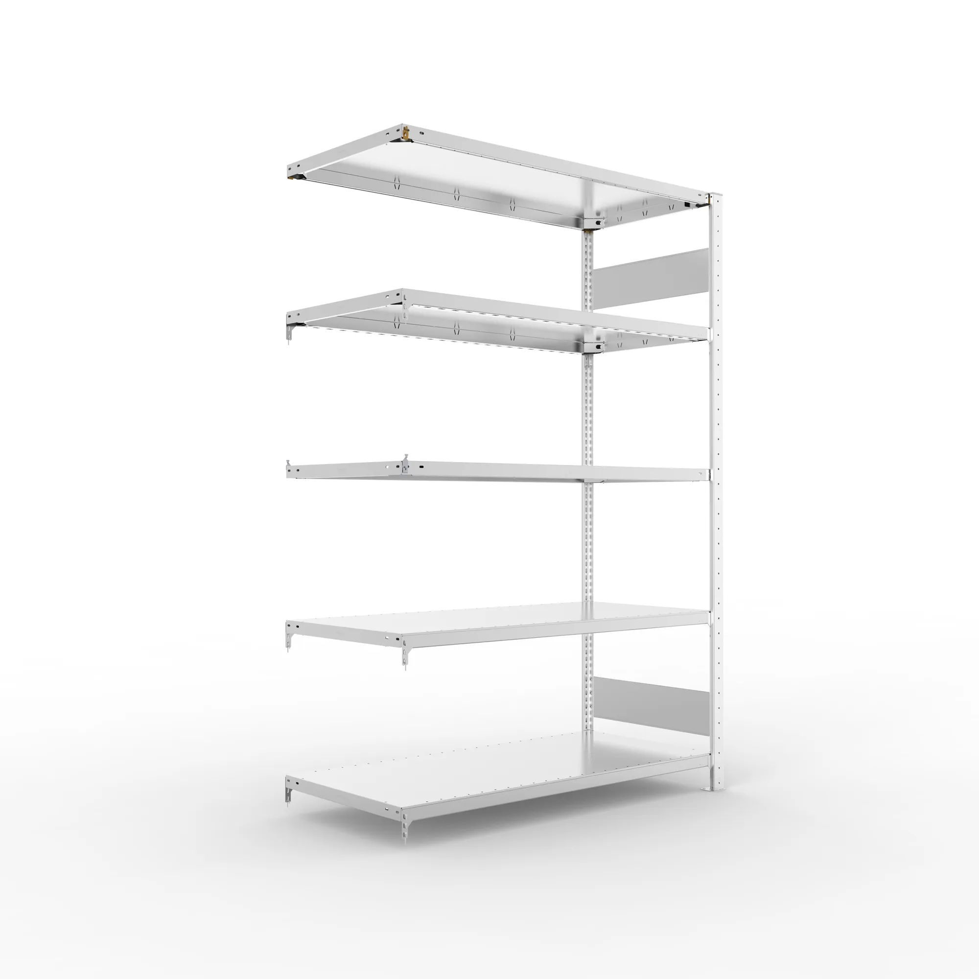 META CLIP S3, Fachbodenregal, Anbauregal, 2000 x 1300 x 600 mm, Fachlast 230 kg, 4 Ebenen, Längsriegel, verzinkt – Ansicht in Blickhöhe