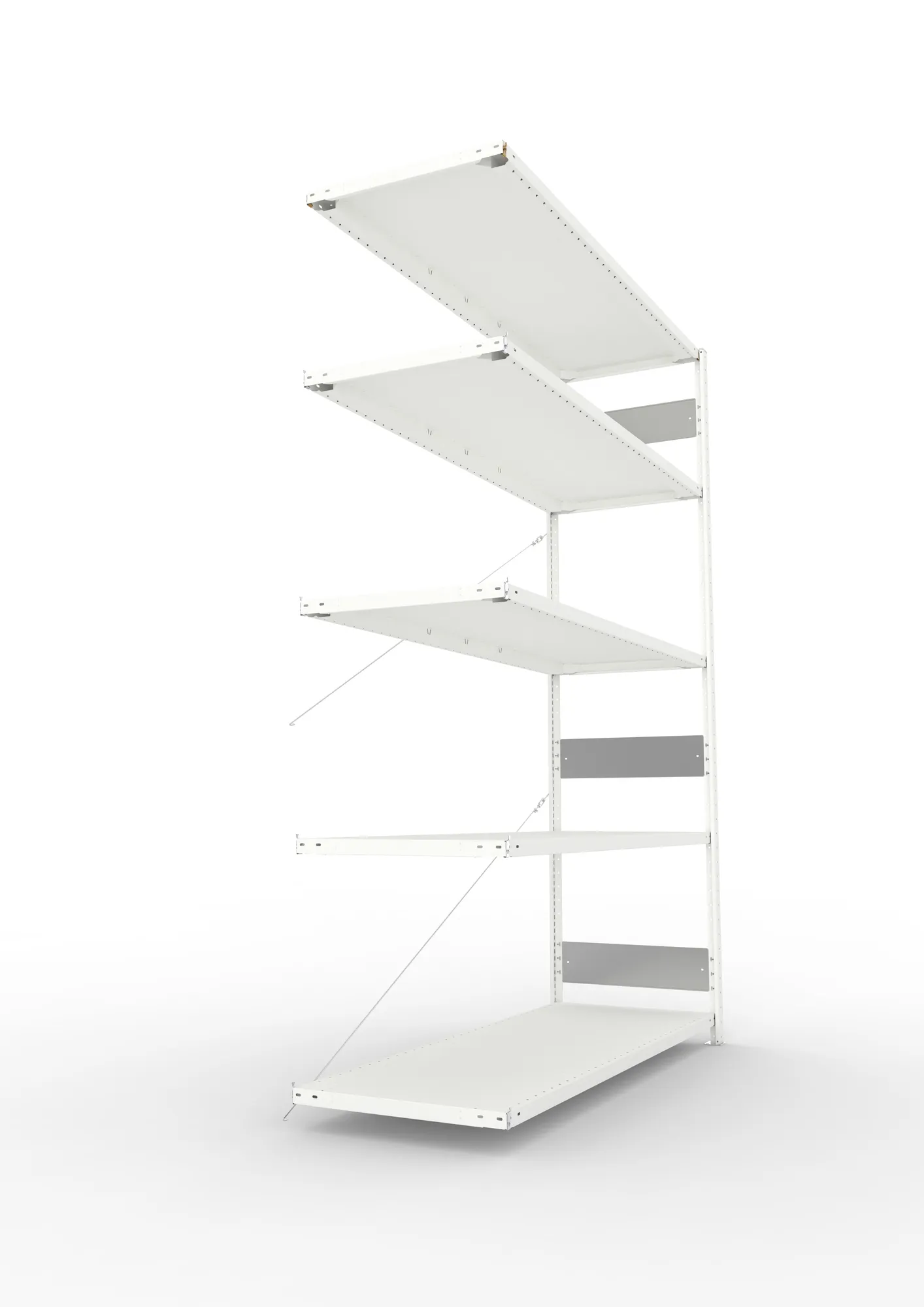 META CLIP S3, Fachbodenregal, Anbauregal, 2500 x 1700 x 600 mm, Fachlast 200 kg, 4 Ebenen, RAL 7035 – Seitenansicht