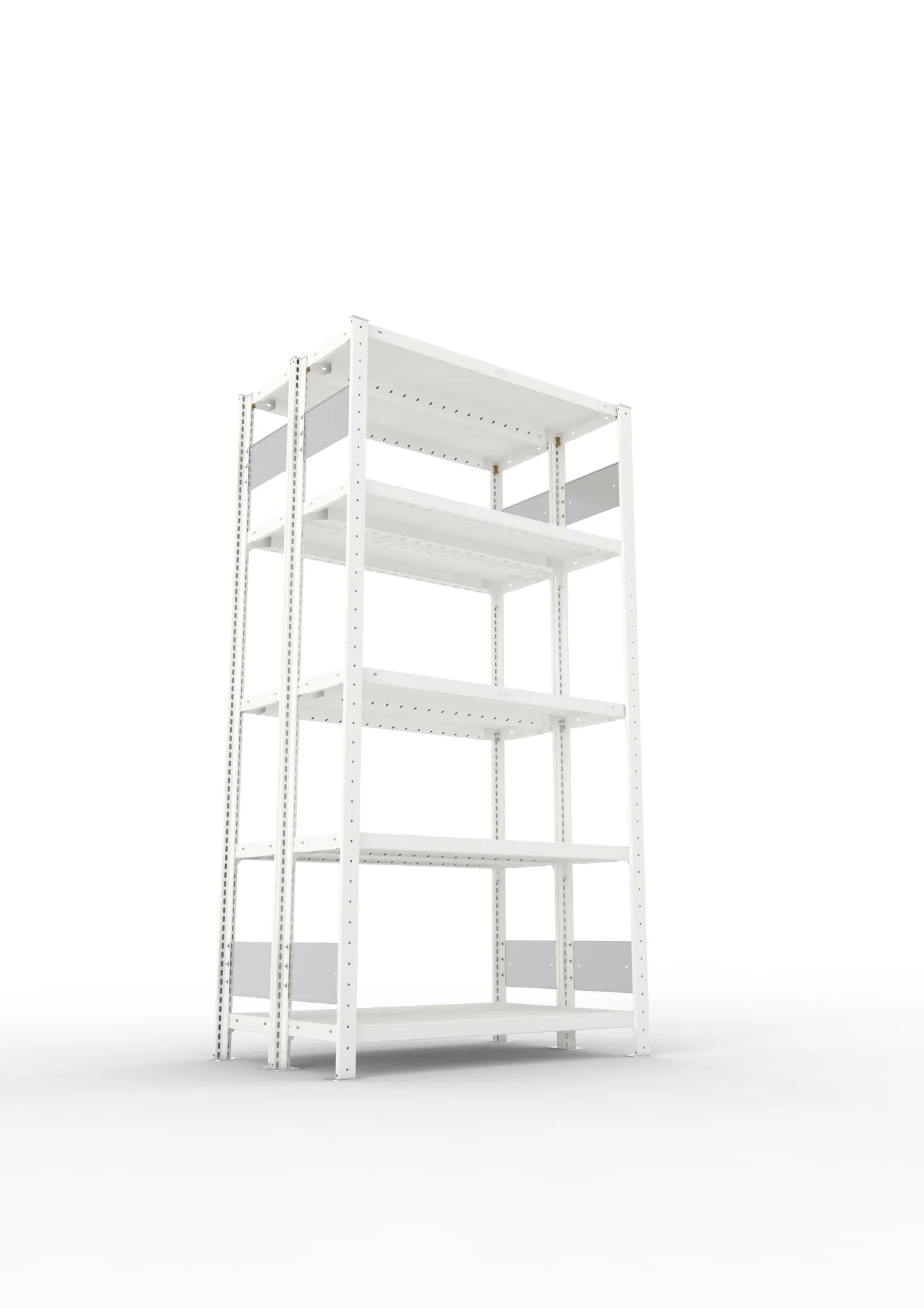 META CLIP S3, Fachbodenregal, Doppel-Grundregal, 2000 x 1000 x 300 mm, Fachlast 230 kg, 5 Ebenen, Längsriegel, RAL 7035 – Ansicht von unten