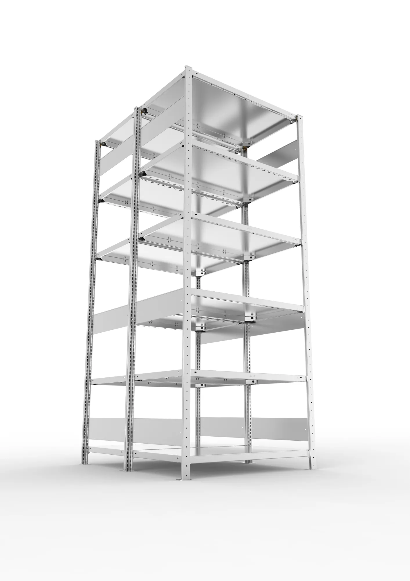 META CLIP S3, Fachbodenregal, Doppel-Grundregal, 2500 x 1000 x 600 mm, Fachlast 150 kg, 6 Ebenen, Längsriegel, verzinkt – Ansicht von unten