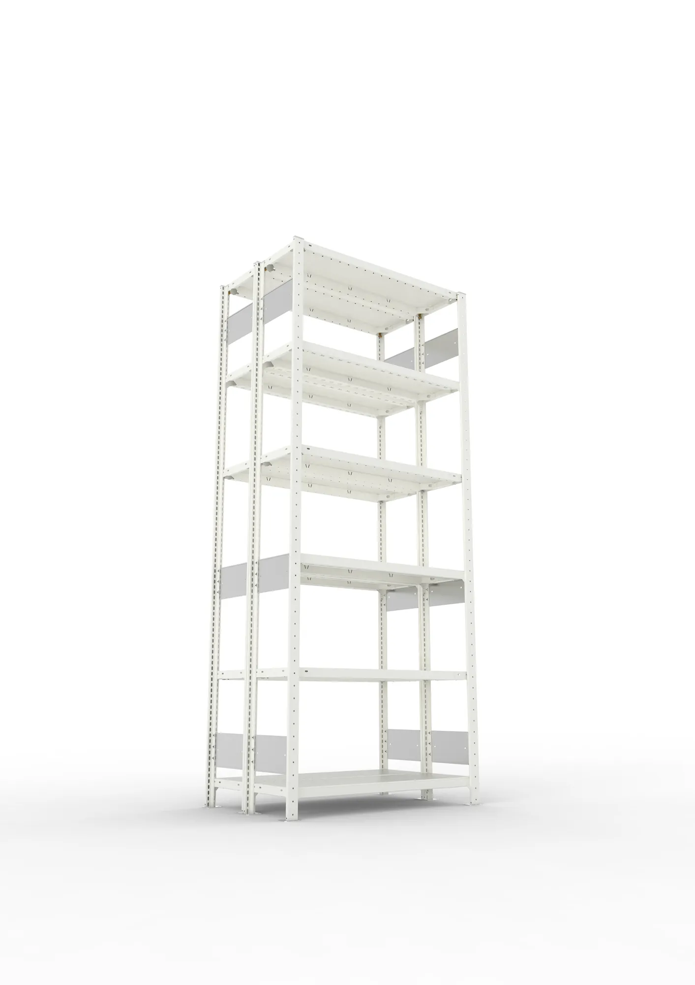 META CLIP S3, Fachbodenregal, Doppel-Grundregal, 2500 x 1000 x 300 mm, Fachlast 150 kg, 6 Ebenen, Längsriegel, RAL 7035 – Ansicht von unten