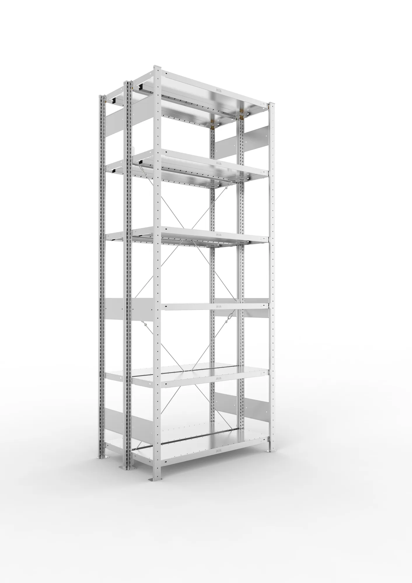 META CLIP, Fachbodenregal, Doppel-Grundregal, 2500 x 1000 x 300 mm, Fachlast 230 kg, 6 Ebenen, verzinkt – Ansicht in Blickhöhe