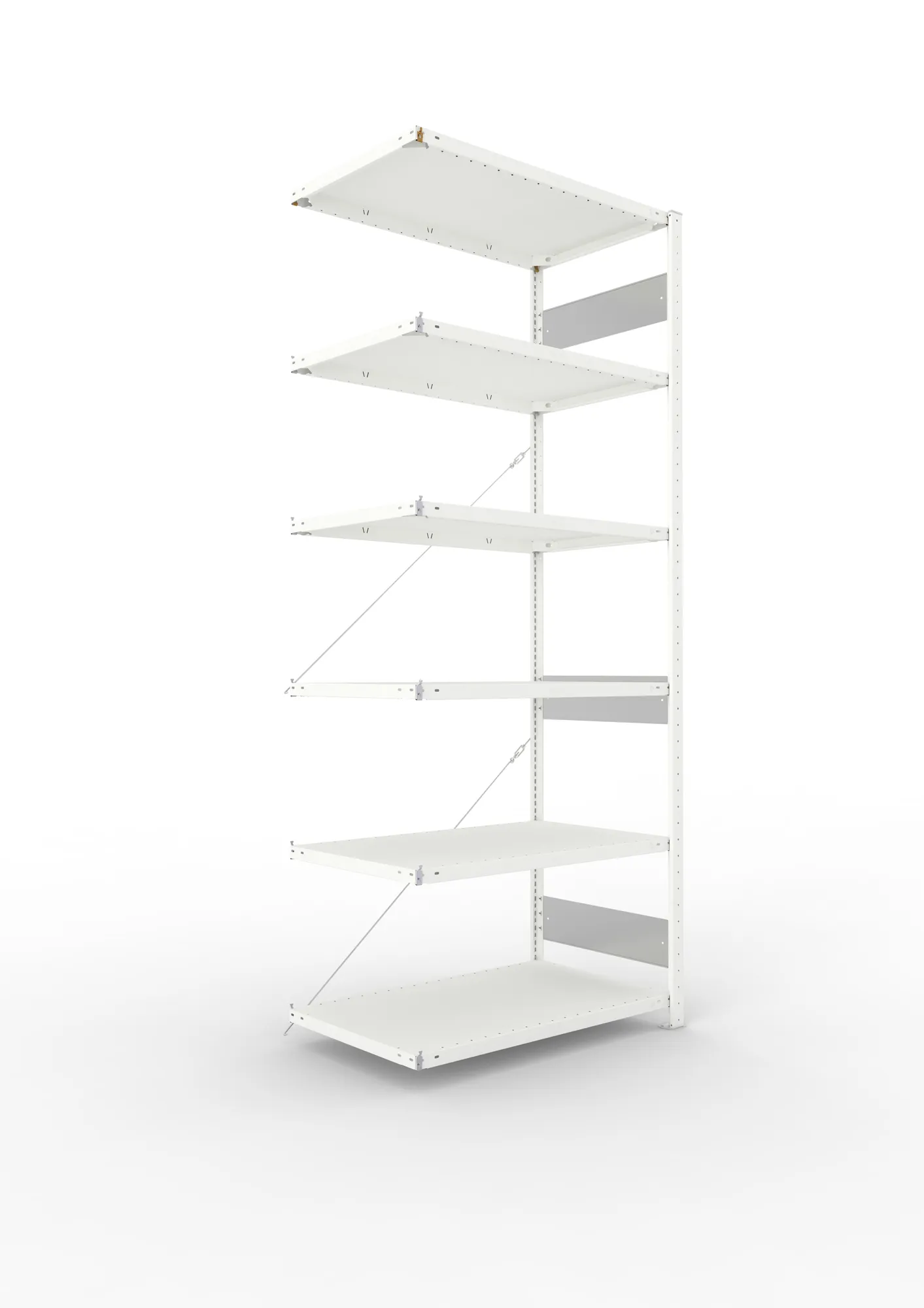 META CLIP S3, Fachbodenregal, Anbauregal, 2500 x 1000 x 600 mm, Fachlast 150 kg, 6 Ebenen, RAL 7035 – Ansicht in Blickhöhe