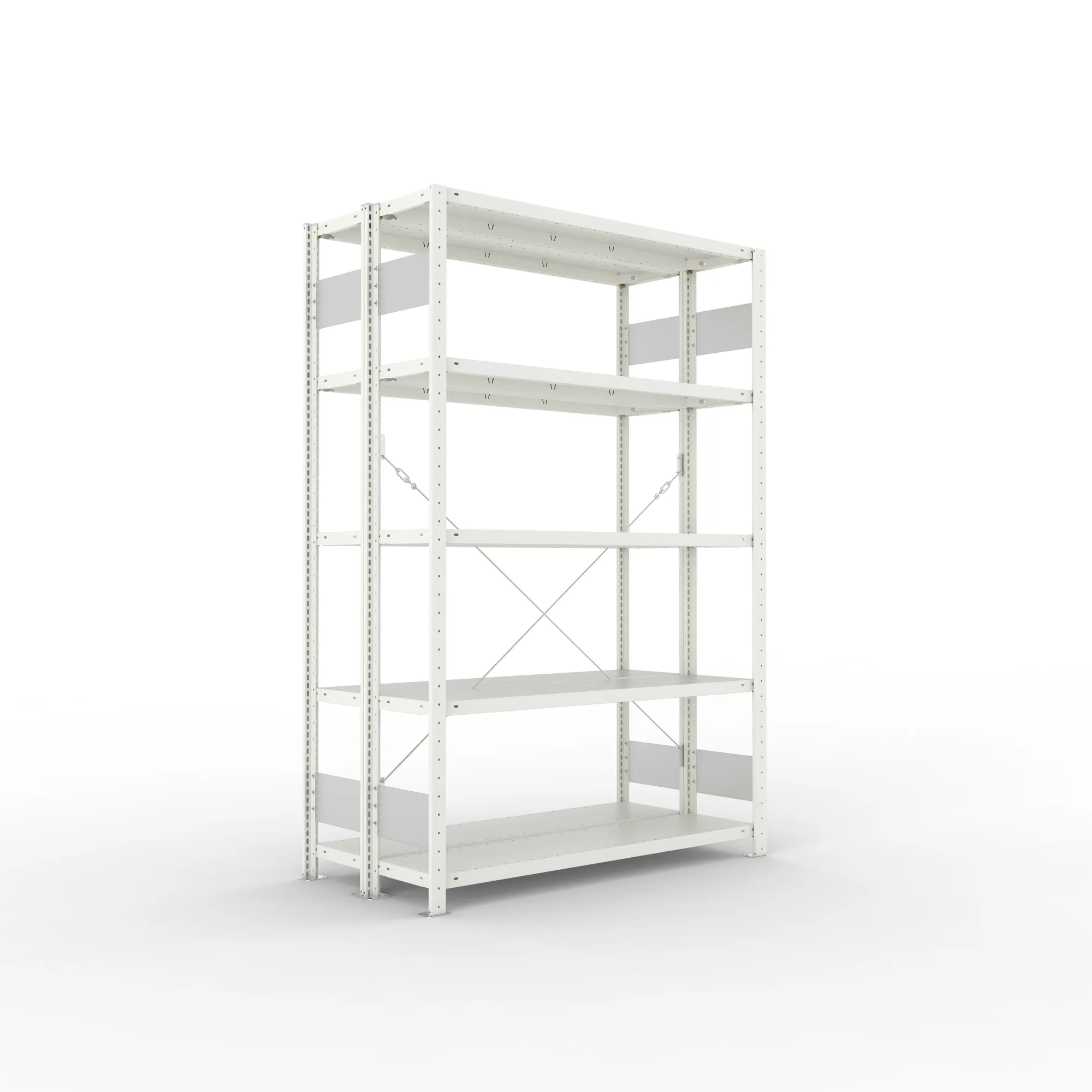 META CLIP S3, Fachbodenregal, Doppel-Grundregal, 2000 x 1300 x 300 mm, Fachlast 230 kg, 5 Ebenen, RAL 7035 – Ansicht in Blickhöhe