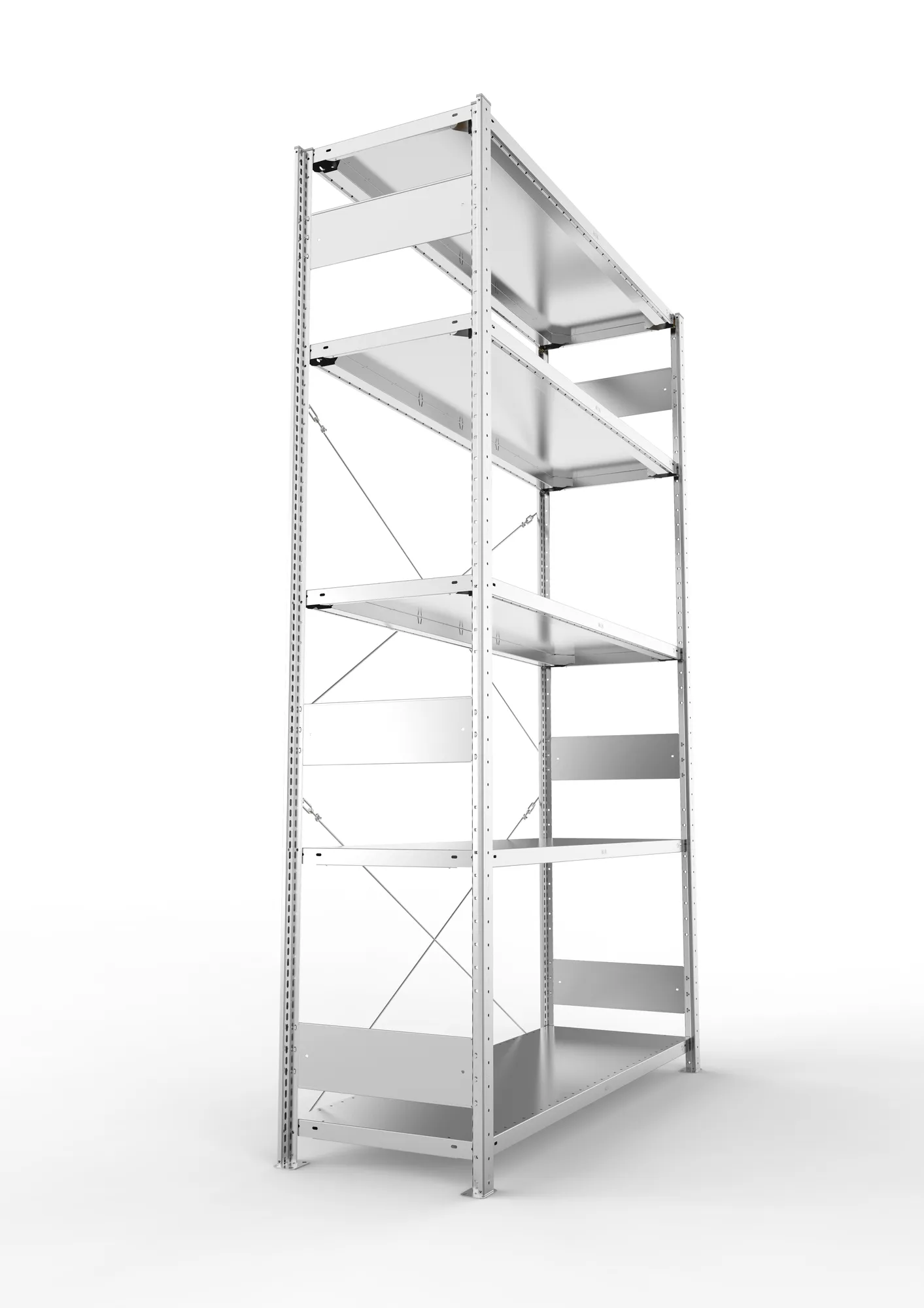 META CLIP S3, Fachbodenregal, Grundregal, 2500 x 1500 x 500 mm, Fachlast 200 kg, 4 Ebenen, verzinkt – Seitenansicht