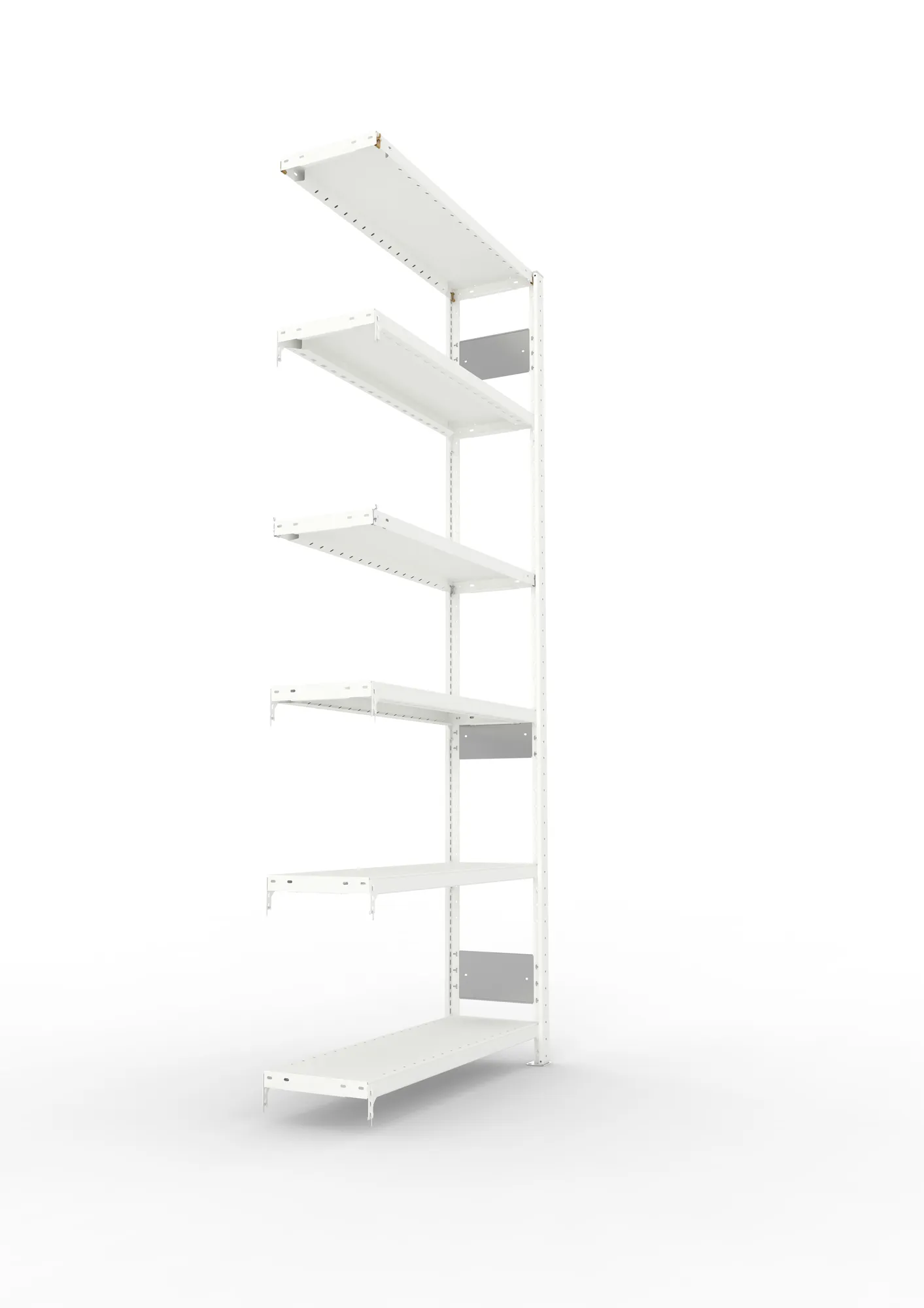 META CLIP S3, Fachbodenregal, Anbauregal, 2500 x 1000 x 300 mm, Fachlast 230 kg, 6 Ebenen, Längsriegel, RAL 7035 – Seitenansicht