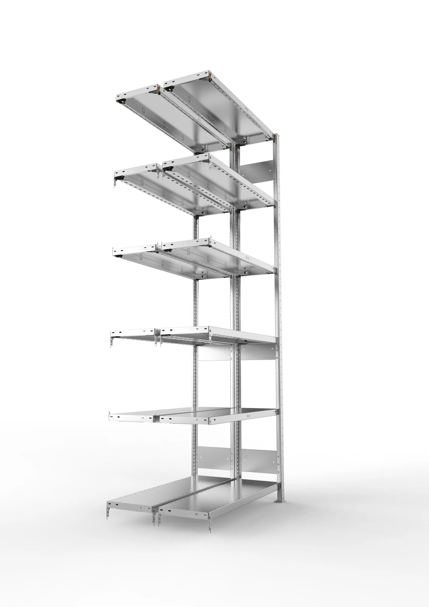 META CLIP S3, Fachbodenregal, Doppel-Anbauregal, 2500 x 1000 x 300 mm, Fachlast 150 kg, 6 Ebenen, Längsriegel, verzinkt – Seitenansicht