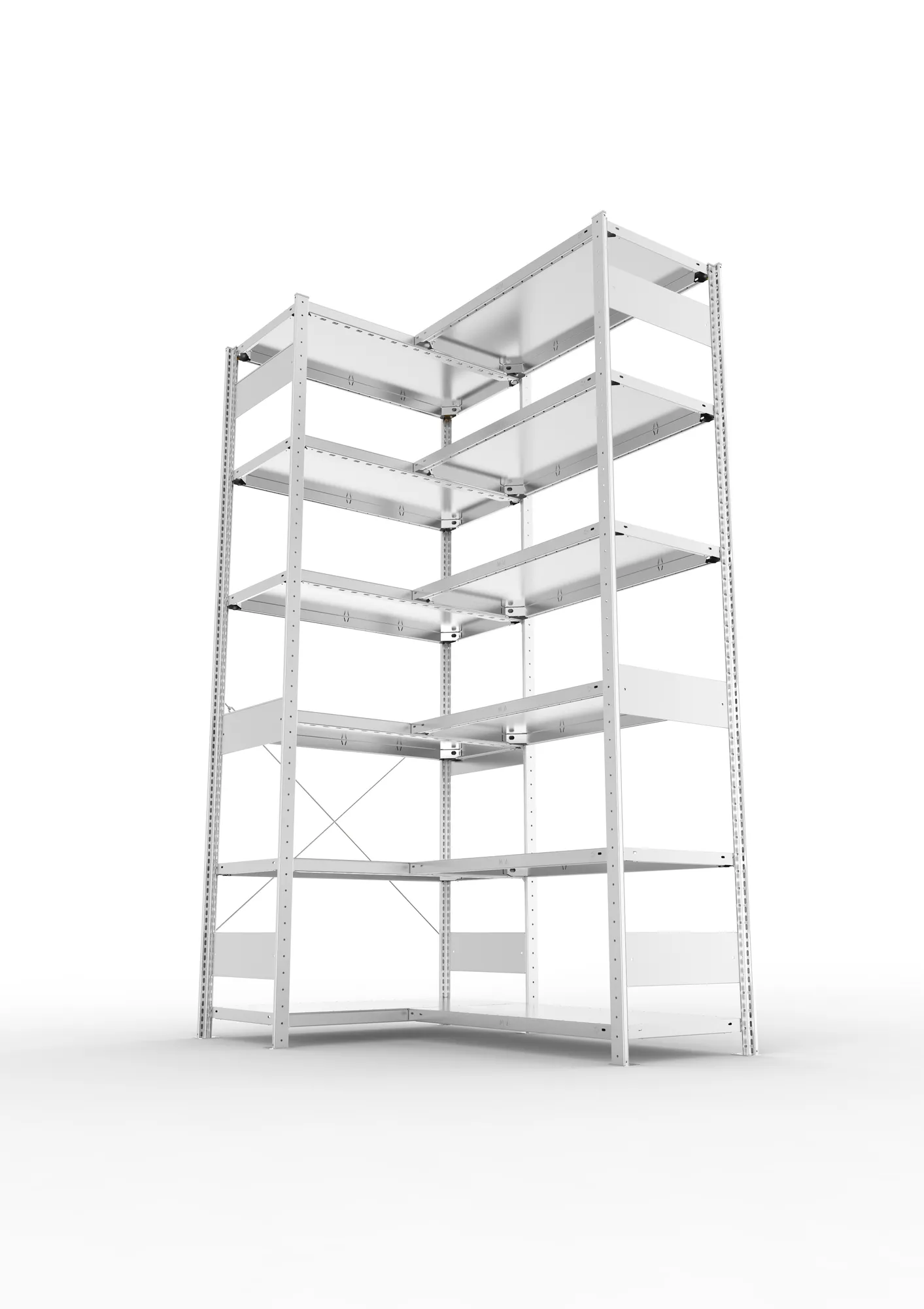 META CLIP, Eckregal, 2500 x 1000 x 500 mm, Fachlast 100 kg, 6 Ebenen, verzinkt – Ansicht von unten