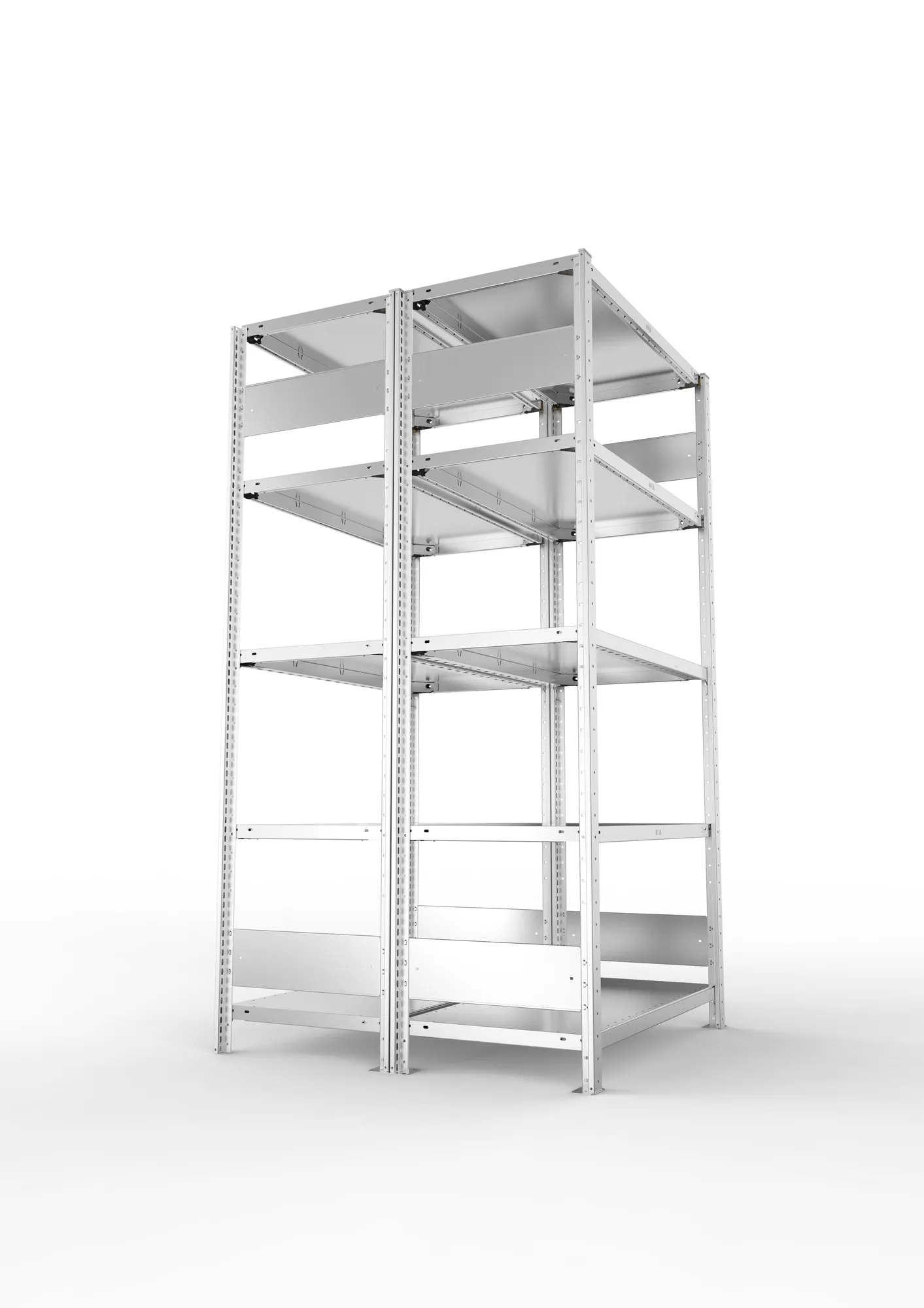 META CLIP S3, Fachbodenregal, Doppel-Grundregal, 2000 x 1000 x 500 mm, Fachlast 150 kg, 5 Ebenen, Längsriegel, verzinkt – Seitenansicht