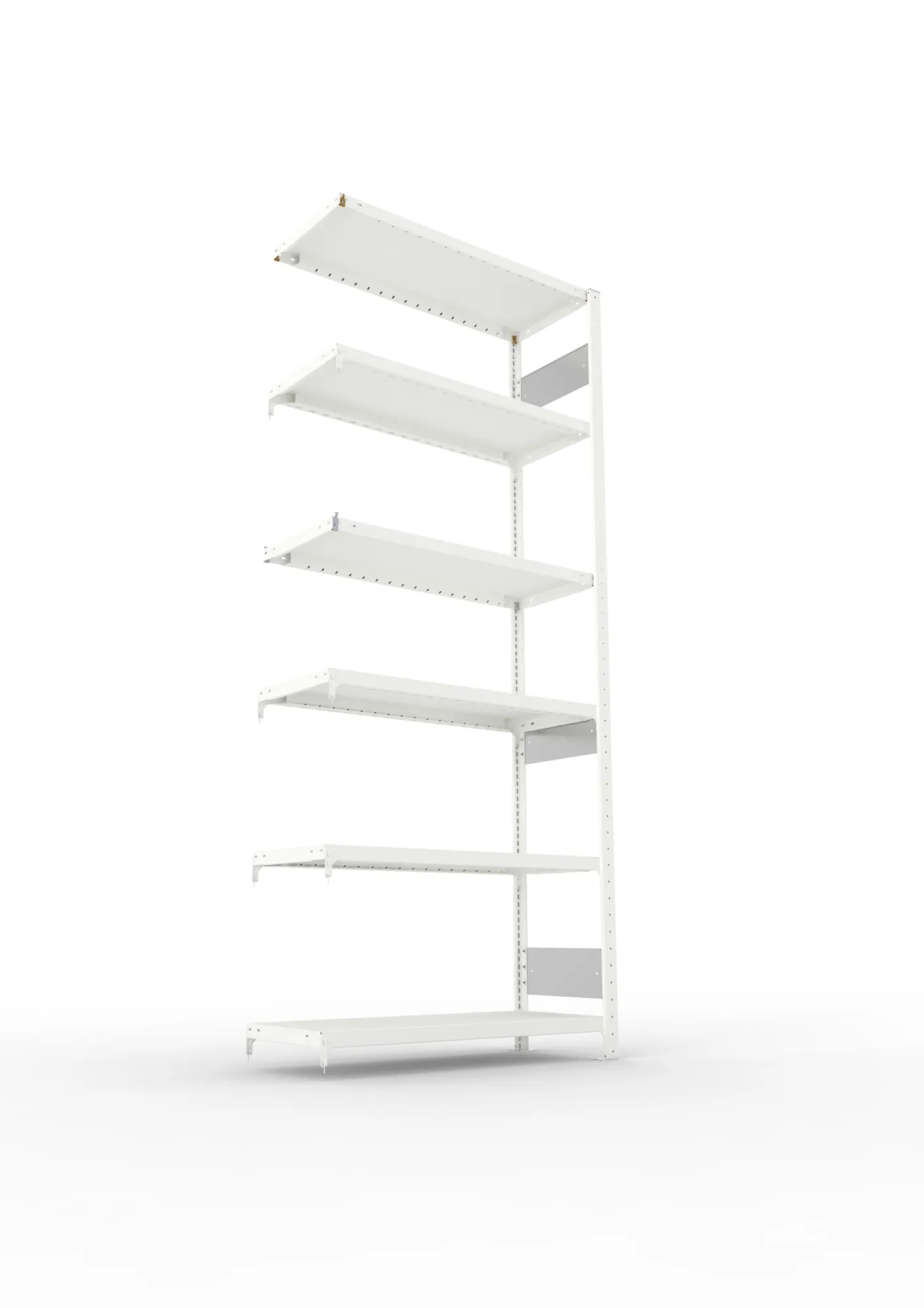META CLIP S3, Fachbodenregal, Anbauregal, 2500 x 1000 x 400 mm, Fachlast 230 kg, 6 Ebenen, Längsriegel, RAL 7035 – Ansicht von unten