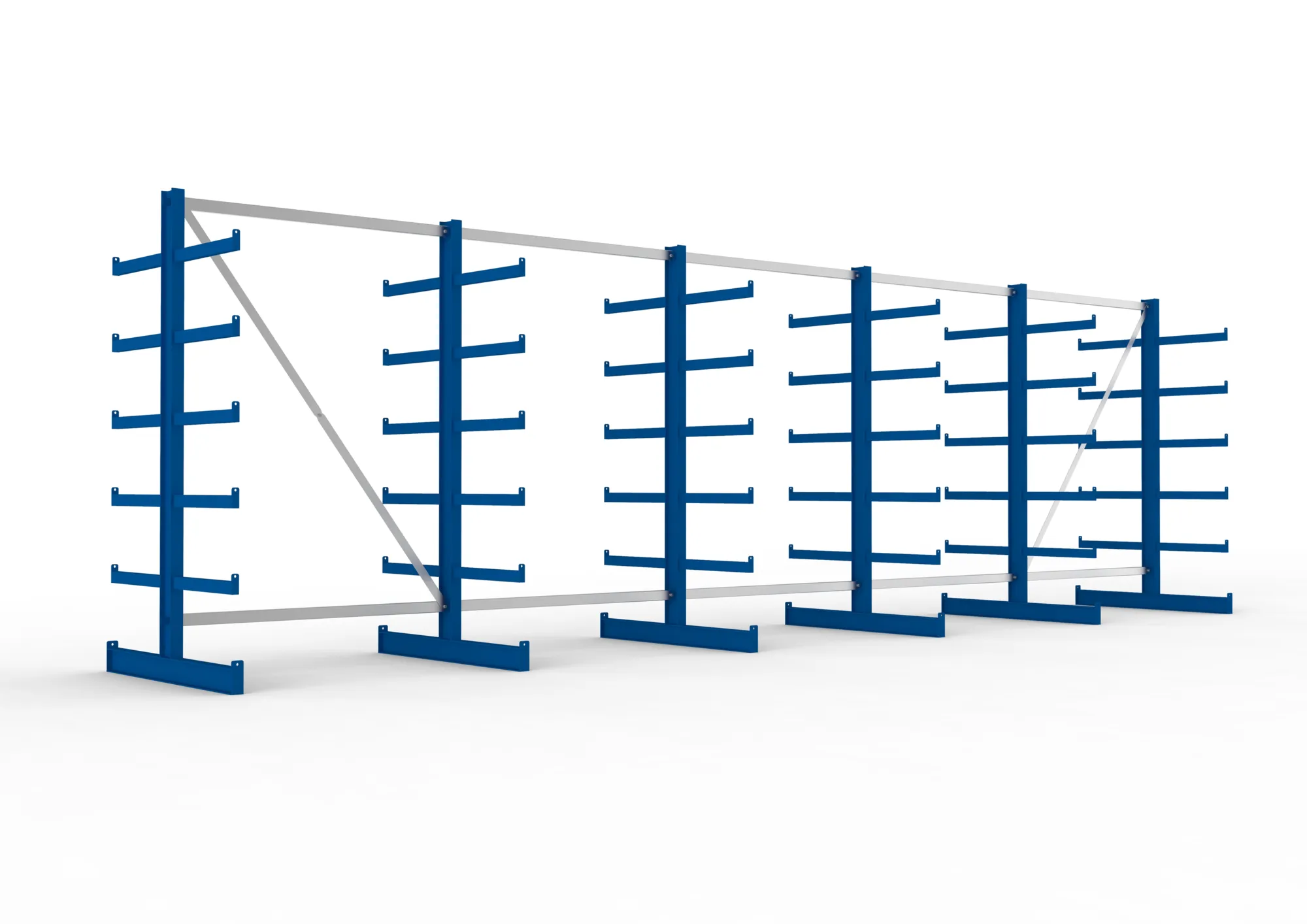 META ATLAS ST, Kragarmregal, 5 Felder, 2000 x 6750 x 500 mm, Armlast 200 kg, doppelseitig, 5+1 Ebenen – Ansicht in Blickhöhe