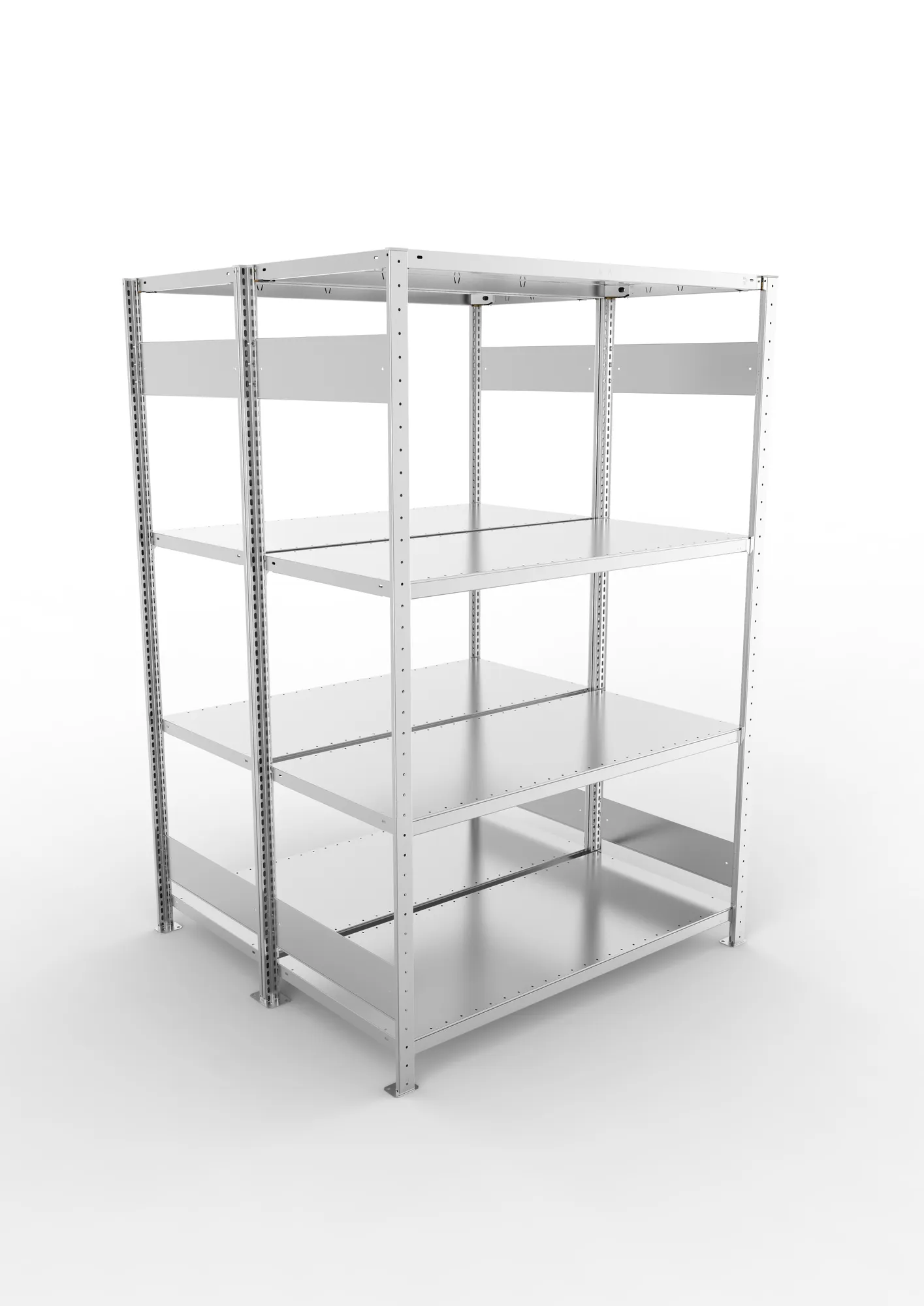 META CLIP S3, Fachbodenregal, Doppel-Grundregal, 2000 x 1300 x 600 mm, Fachlast 230 kg, 4 Ebenen, Längsriegel, verzinkt – Ansicht von oben