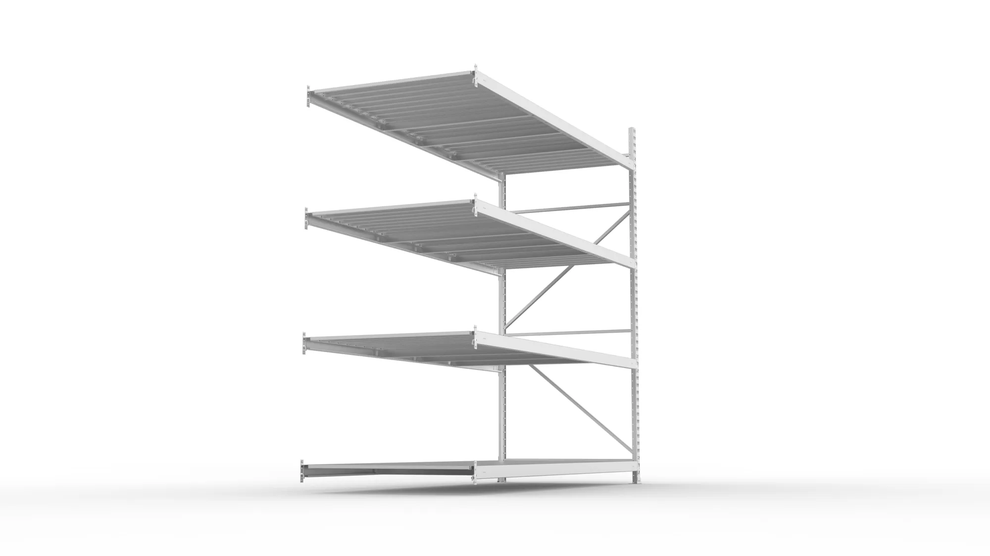 META MINI-RACK, Weitspannregal, Anbauregal, 2500 x 2600 x 1050 mm, Fachlast 490 kg, Stahlpaneelböden, 4 Ebenen – Seitenansicht