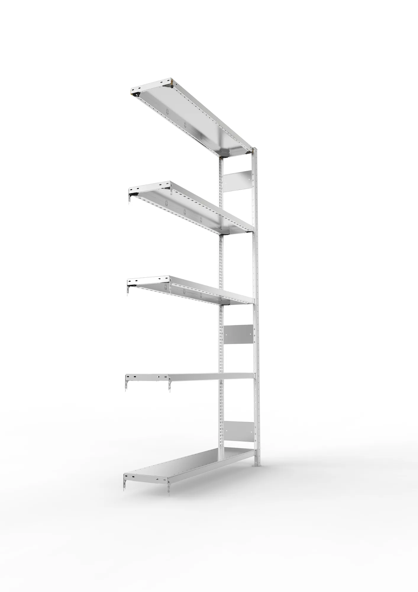 META CLIP S3, Fachbodenregal, Anbauregal, 2500 x 1300 x 300 mm, Fachlast 230 kg, 5 Ebenen, Längsriegel, verzinkt – Seitenansicht