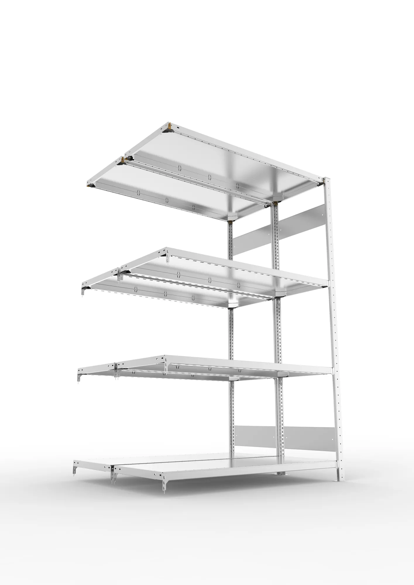 META CLIP S3, Fachbodenregal, Doppel-Anbauregal, 2000 x 1300 x 500 mm, Fachlast 230 kg, 4 Ebenen, Längsriegel, verzinkt – Ansicht von unten