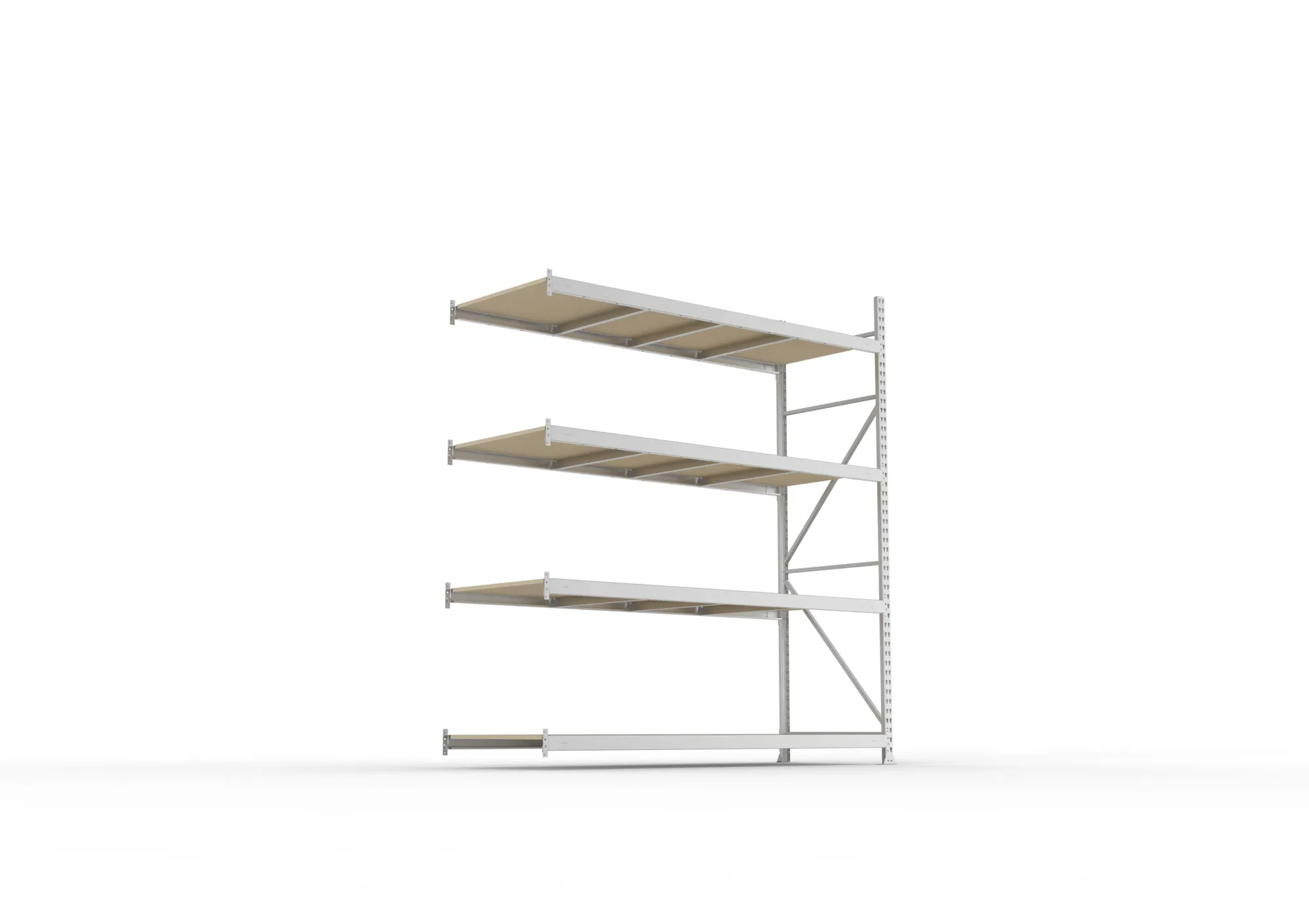 META MINI-RACK, Weitspannregal, Anbauregal, 2500 x 2200 x 800 mm, Fachlast 600 kg, Spanplattenböden, 4 Ebenen – Ansicht von unten