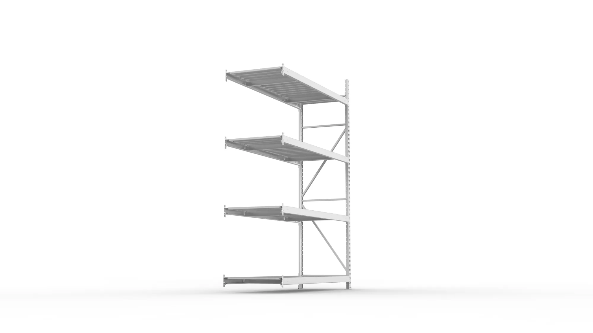 META MINI-RACK, Weitspannregal, Anbauregal, 2500 x 1800 x 650 mm, Fachlast 600 kg, Stahlpaneelböden, 4 Ebenen – Seitenansicht