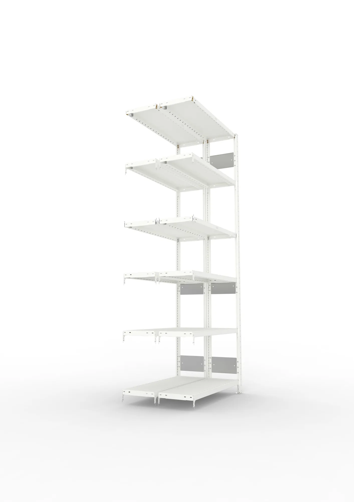 META CLIP S3, Fachbodenregal, Doppel-Anbauregal, 2500 x 1000 x 300 mm, Fachlast 230 kg, 6 Ebenen, Längsriegel, RAL 7035 – Seitenansicht