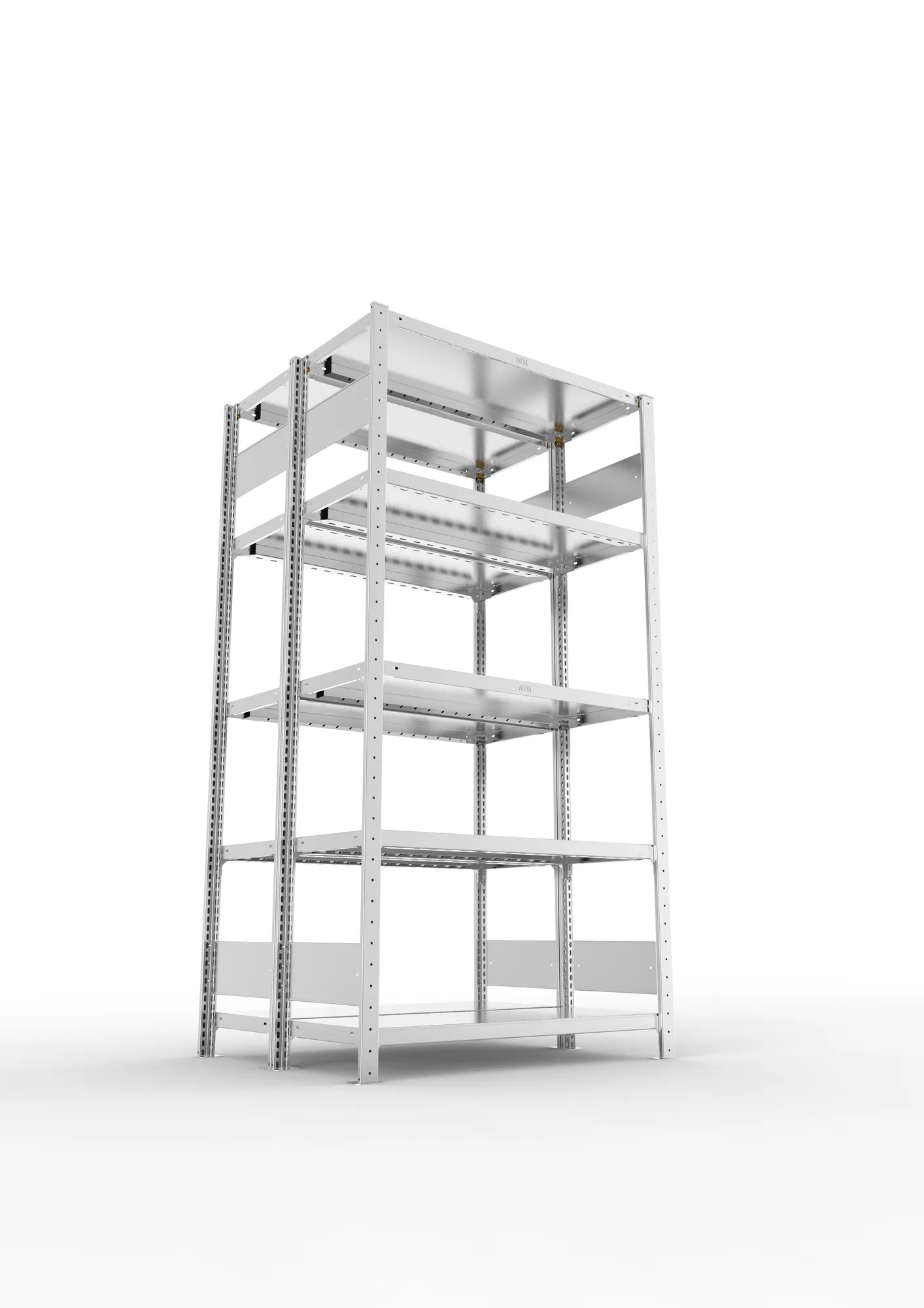 META CLIP S3, Fachbodenregal, Doppel-Grundregal, 2000 x 1000 x 400 mm, Fachlast 230 kg, 5 Ebenen, Längsriegel, verzinkt – Ansicht von unten