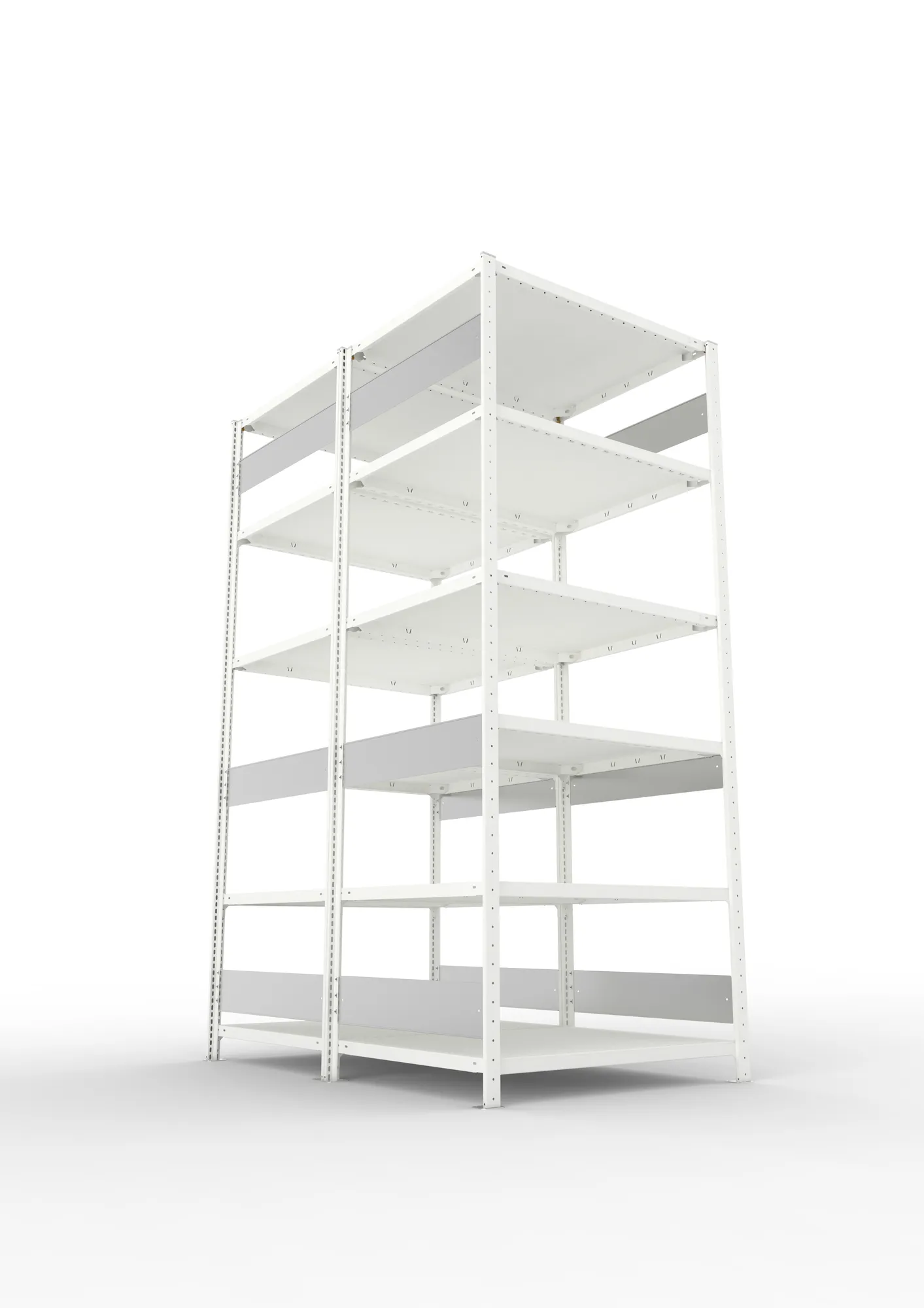 META CLIP S3, Fachbodenregal, Doppel-Grundregal, 2500 x 1000 x 800 mm, Fachlast 230 kg, 6 Ebenen, Längsriegel, RAL 7035 – Ansicht von unten