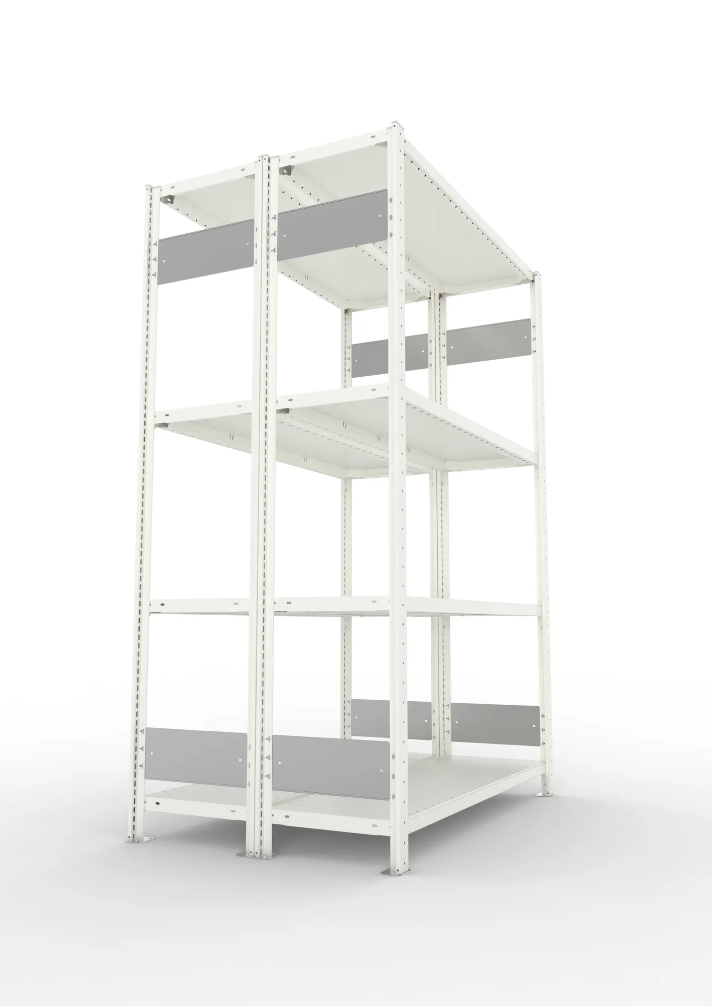 META CLIP S3, Fachbodenregal, Doppel-Grundregal, 2000 x 1300 x 400 mm, Fachlast 230 kg, 4 Ebenen, Längsriegel, RAL 7035 – Seitenansicht