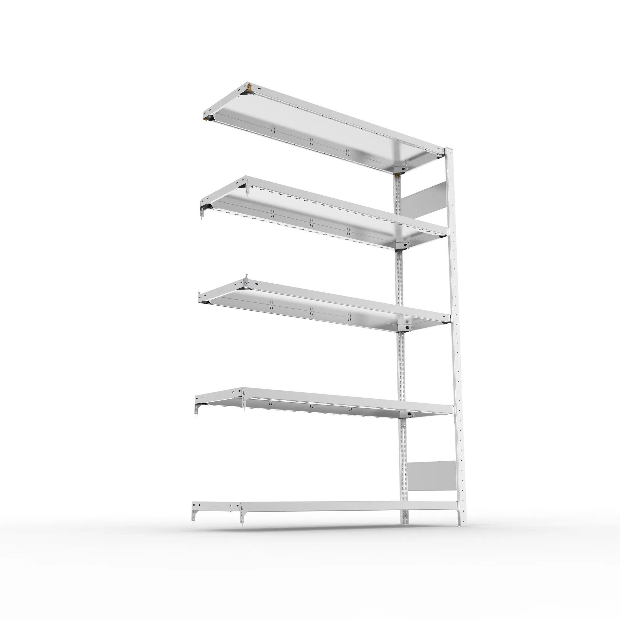 META CLIP S3, Fachbodenregal, Anbauregal, 2000 x 1300 x 400 mm, Fachlast 230 kg, 4 Ebenen, Längsriegel, verzinkt – Ansicht von unten