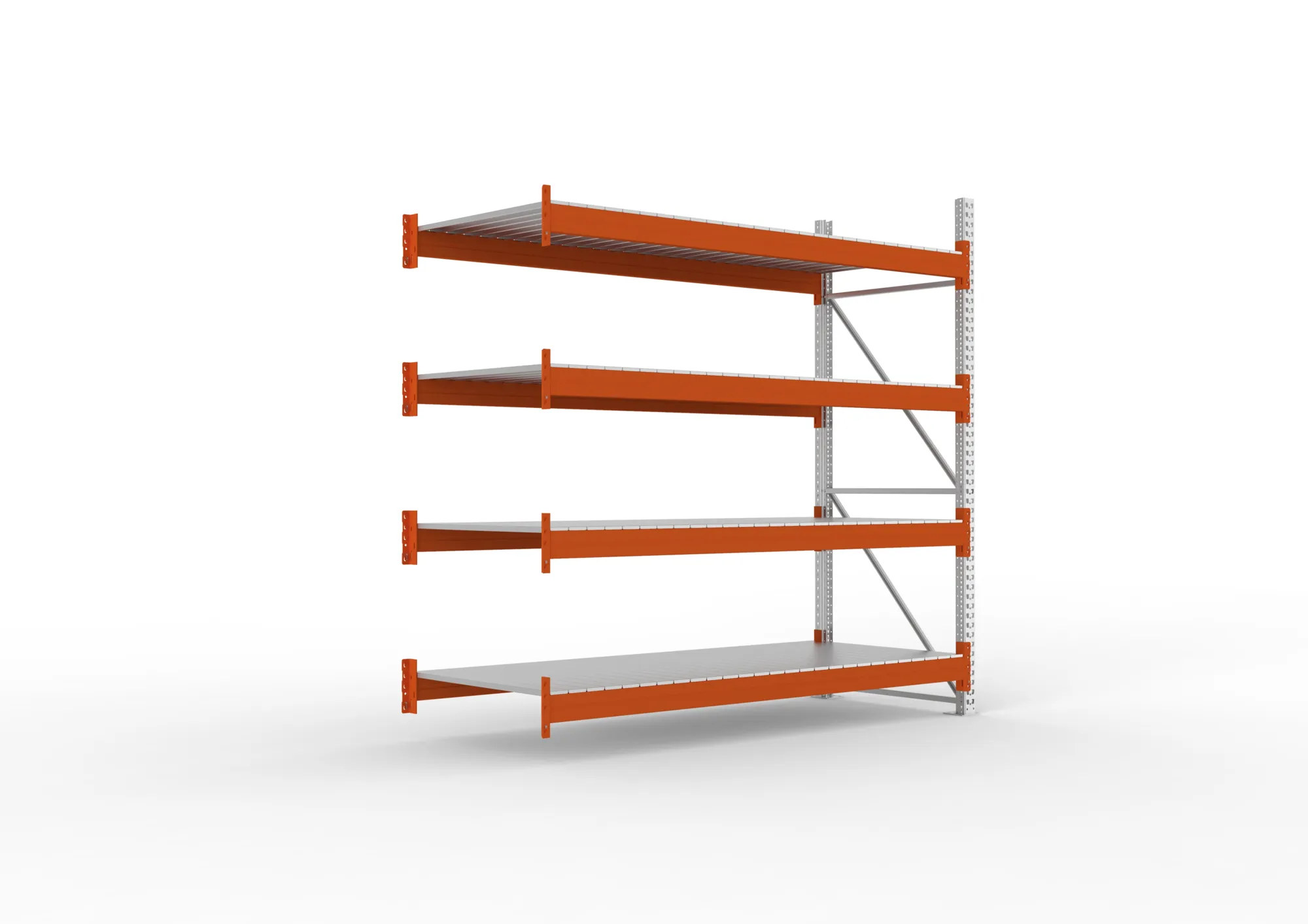 META MULTIPAL, Großfachregal, Anbauregal, 2700 x 2700 x 1100 mm, Fachlast 2400 kg, 4 Ebenen, Stahlpaneele, verzinkt – Ansicht in Blickhöhe