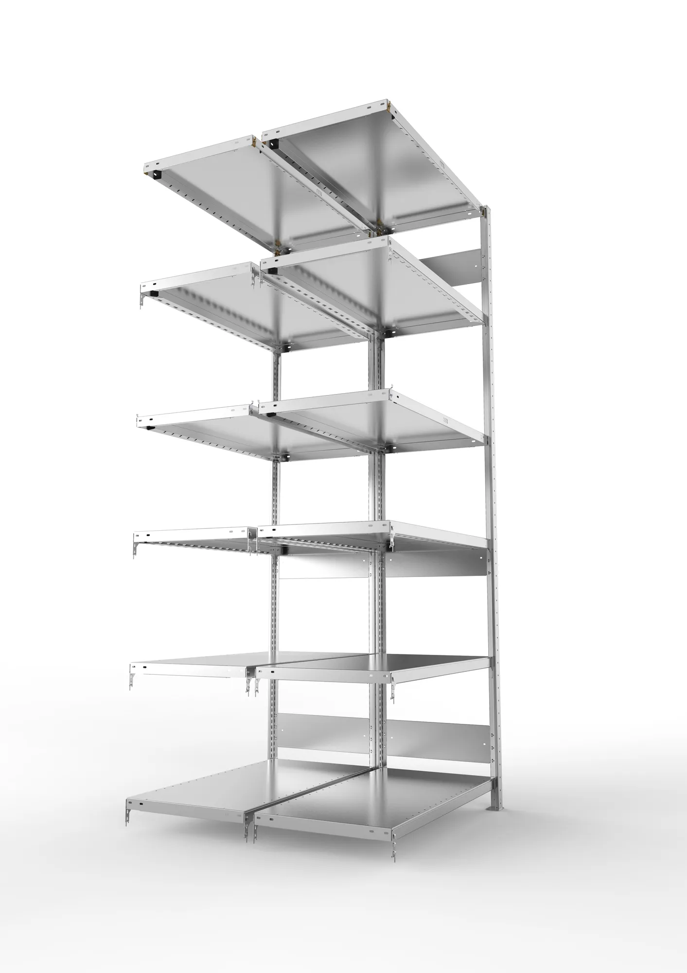 META CLIP S3, Fachbodenregal, Doppel-Anbauregal, 2500 x 1000 x 500 mm, Fachlast 230 kg, 6 Ebenen, Längsriegel, verzinkt – Seitenansicht
