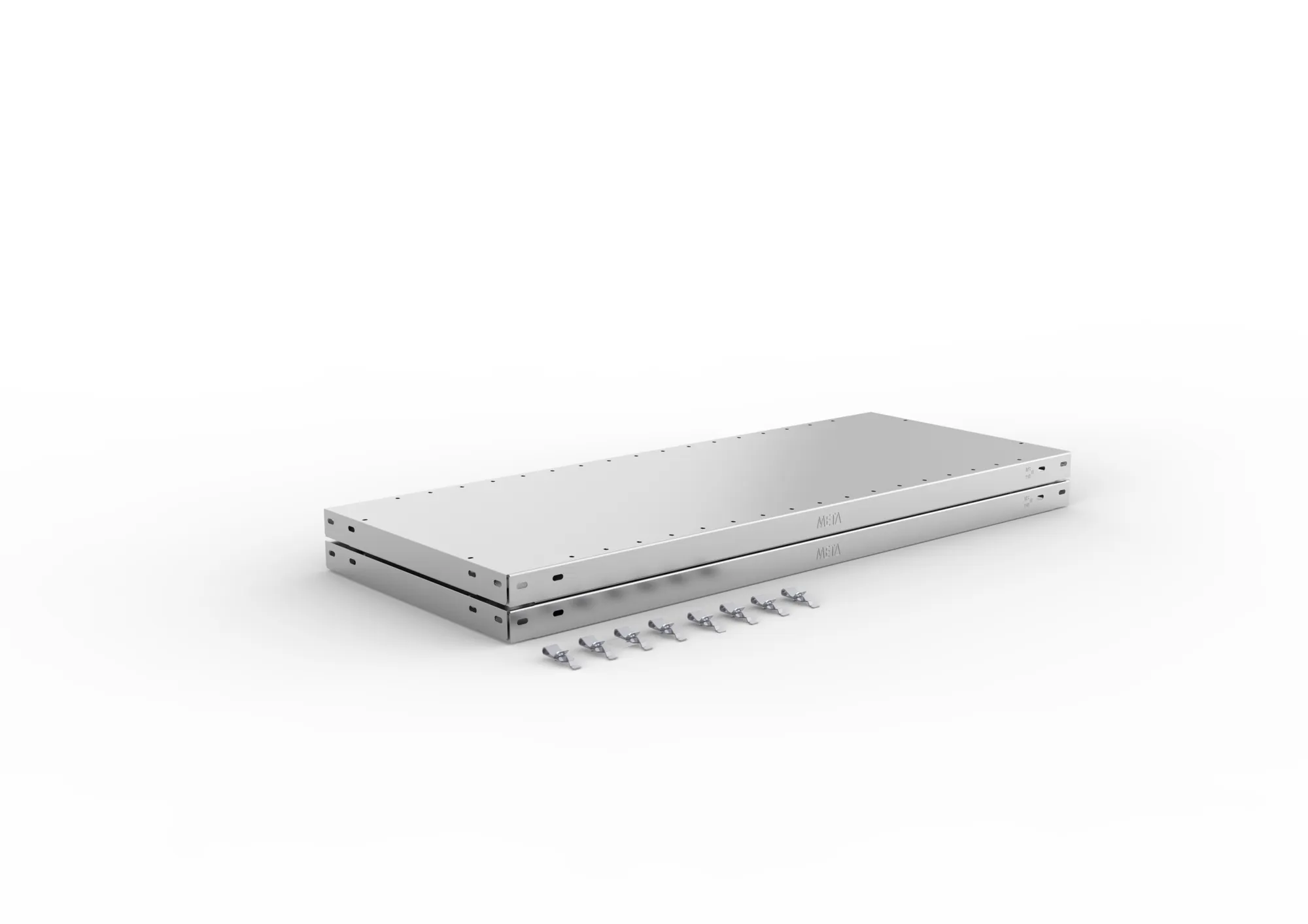 META CLIP SPLIT, Zusatz-Fachboden, 1000 x 400 mm, 150 kg, verzinkt, 2 Stück – Ansicht in Blickhöhe