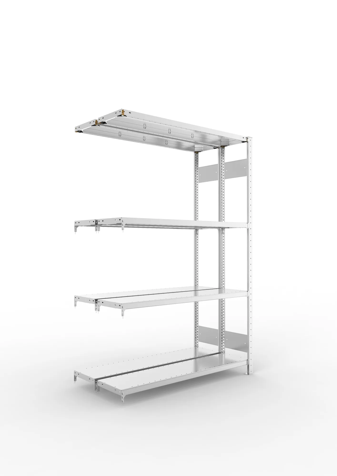META CLIP S3, Fachbodenregal, Doppel-Anbauregal, 2000 x 1300 x 300 mm, Fachlast 230 kg, 4 Ebenen, Längsriegel, verzinkt – Ansicht in Blickhöhe