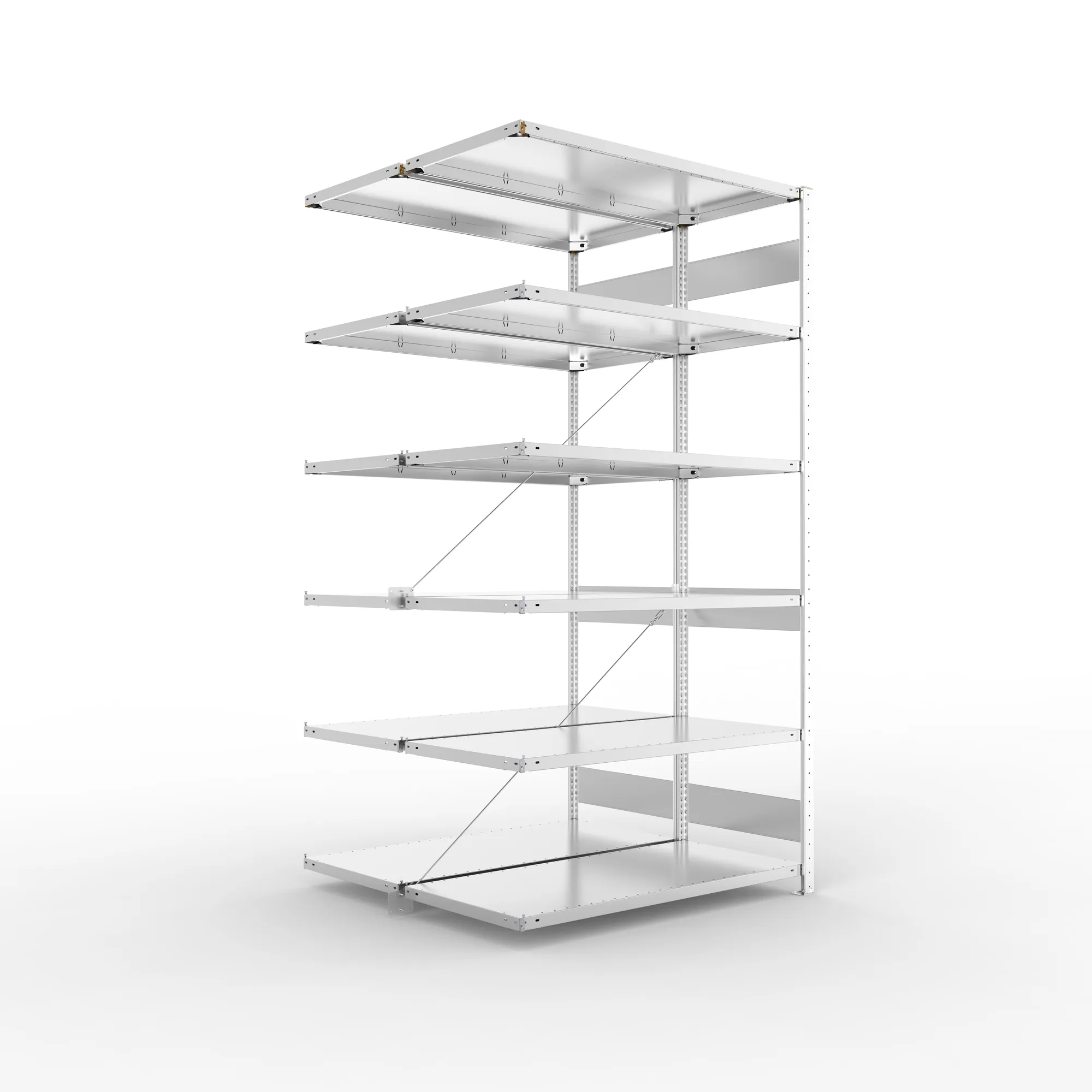 META CLIP S3, Fachbodenregal, Doppel-Anbauregal, 2500 x 1300 x 600 mm, Fachlast 150 kg, 6 Ebenen, verzinkt – Ansicht in Blickhöhe