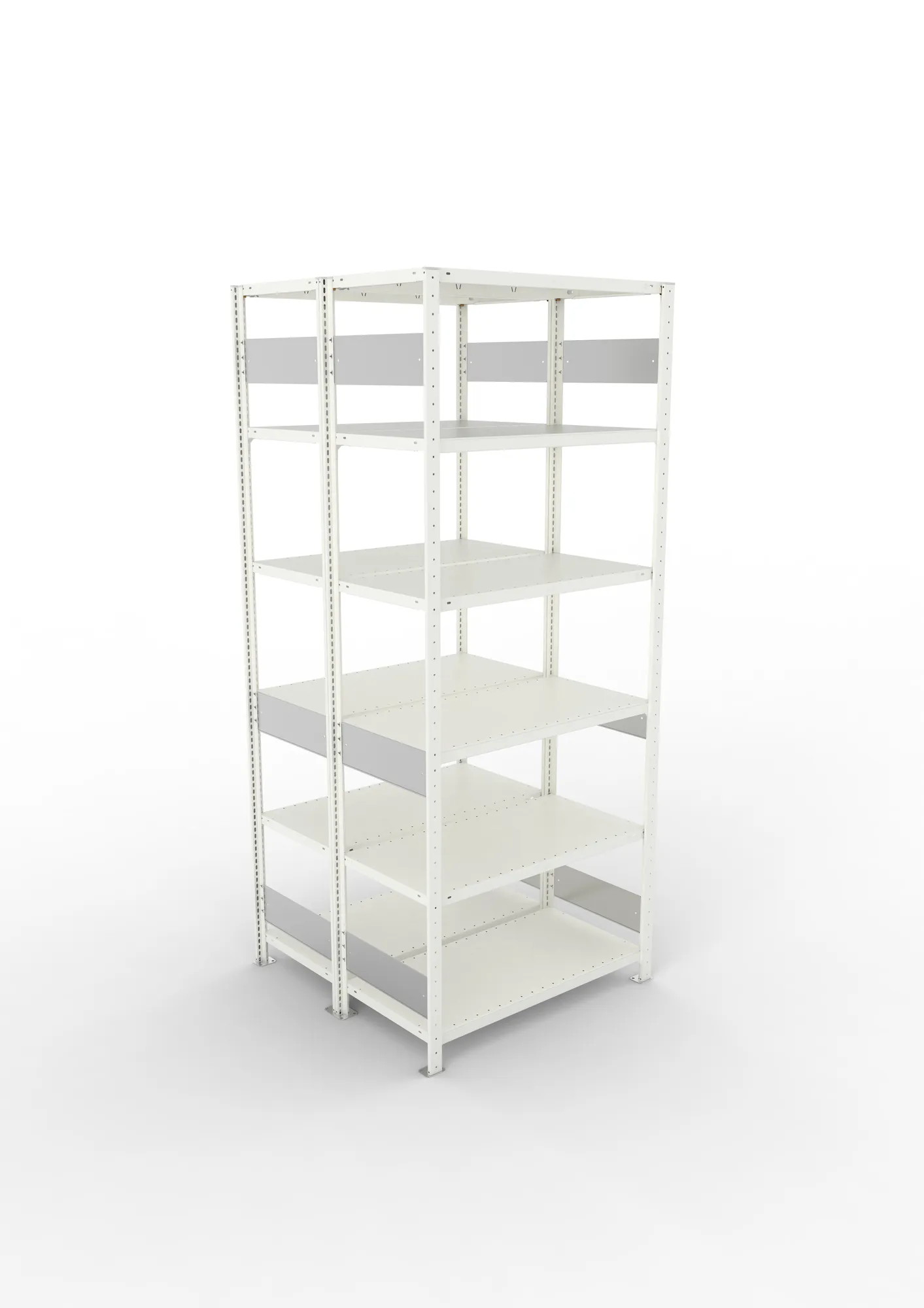 META CLIP S3, Fachbodenregal, Doppel-Grundregal, 2500 x 1000 x 500 mm, Fachlast 150 kg, 6 Ebenen, Längsriegel, RAL 7035 – Ansicht von oben