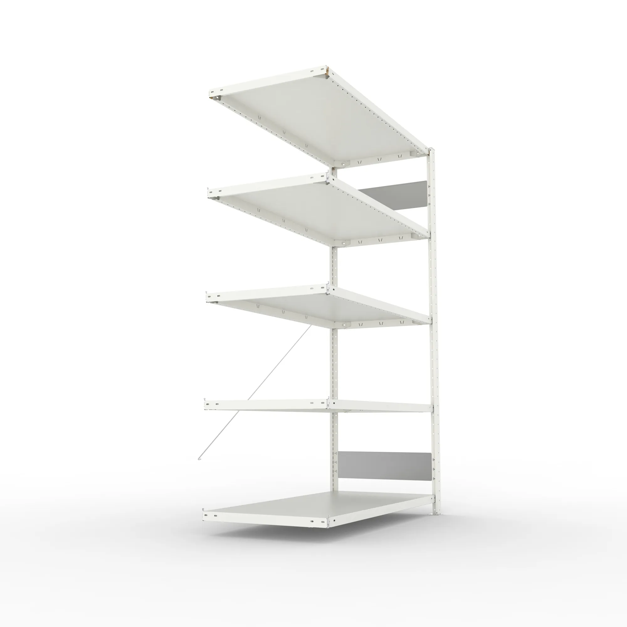 META CLIP S3, Fachbodenregal, Anbauregal, 2000 x 1300 x 600 mm, Fachlast 230 kg, 5 Ebenen, RAL 7035 – Seitenansicht