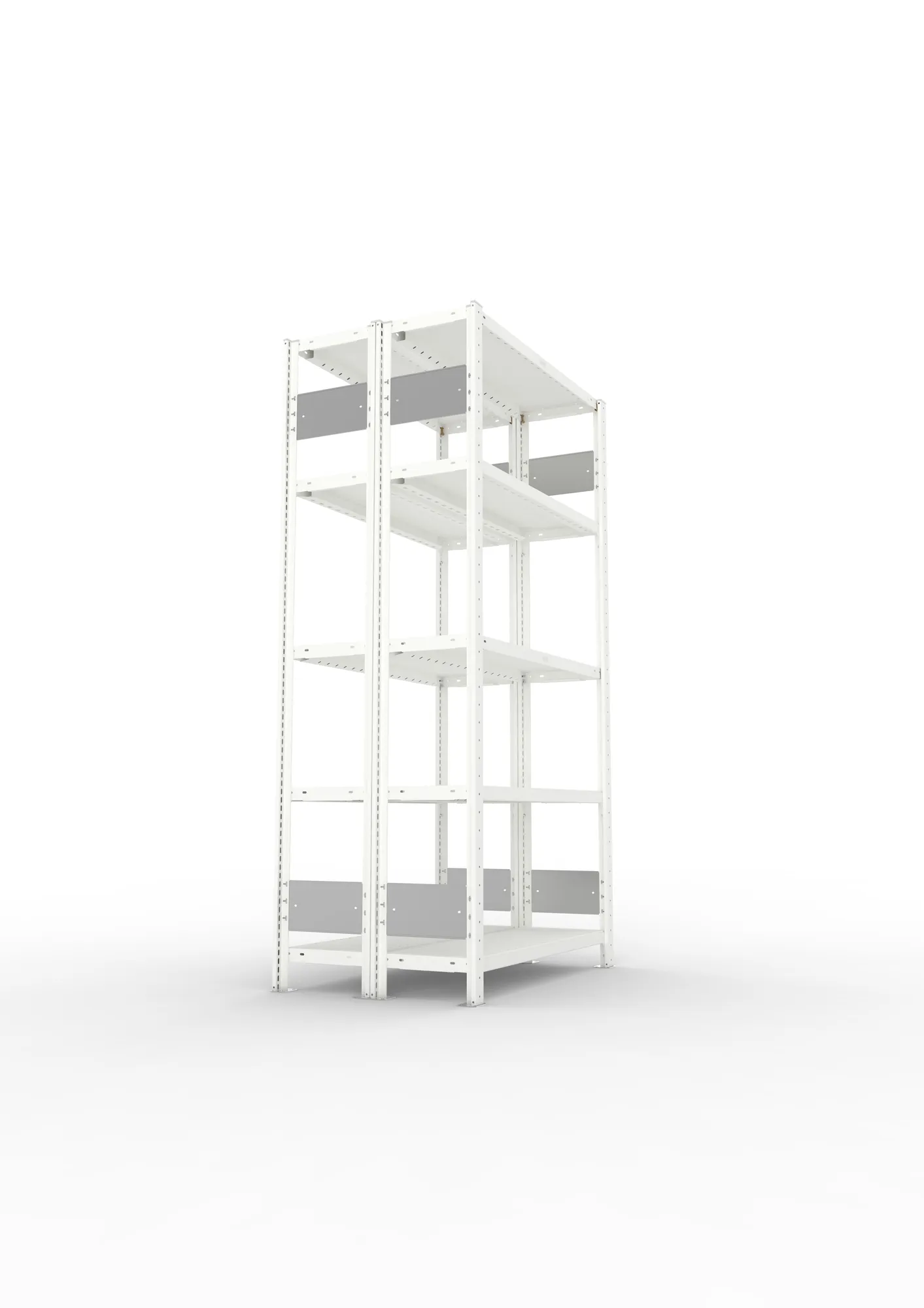 META CLIP S3, Fachbodenregal, Doppel-Grundregal, 2000 x 1000 x 300 mm, Fachlast 230 kg, 5 Ebenen, Längsriegel, RAL 7035 – Seitenansicht