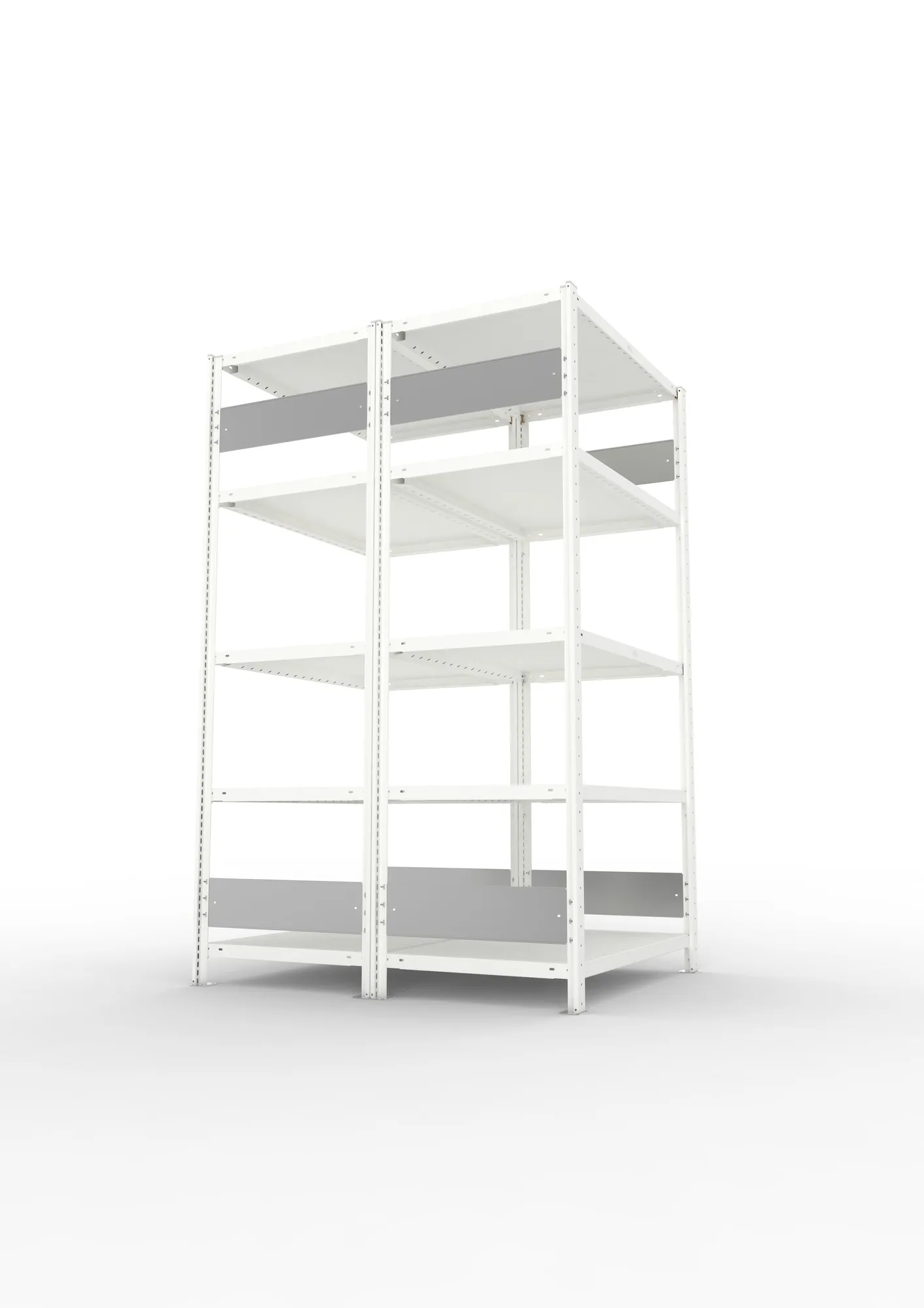 META CLIP S3, Fachbodenregal, Doppel-Grundregal, 2000 x 1000 x 600 mm, Fachlast 230 kg, 5 Ebenen, Längsriegel, RAL 7035 – Seitenansicht