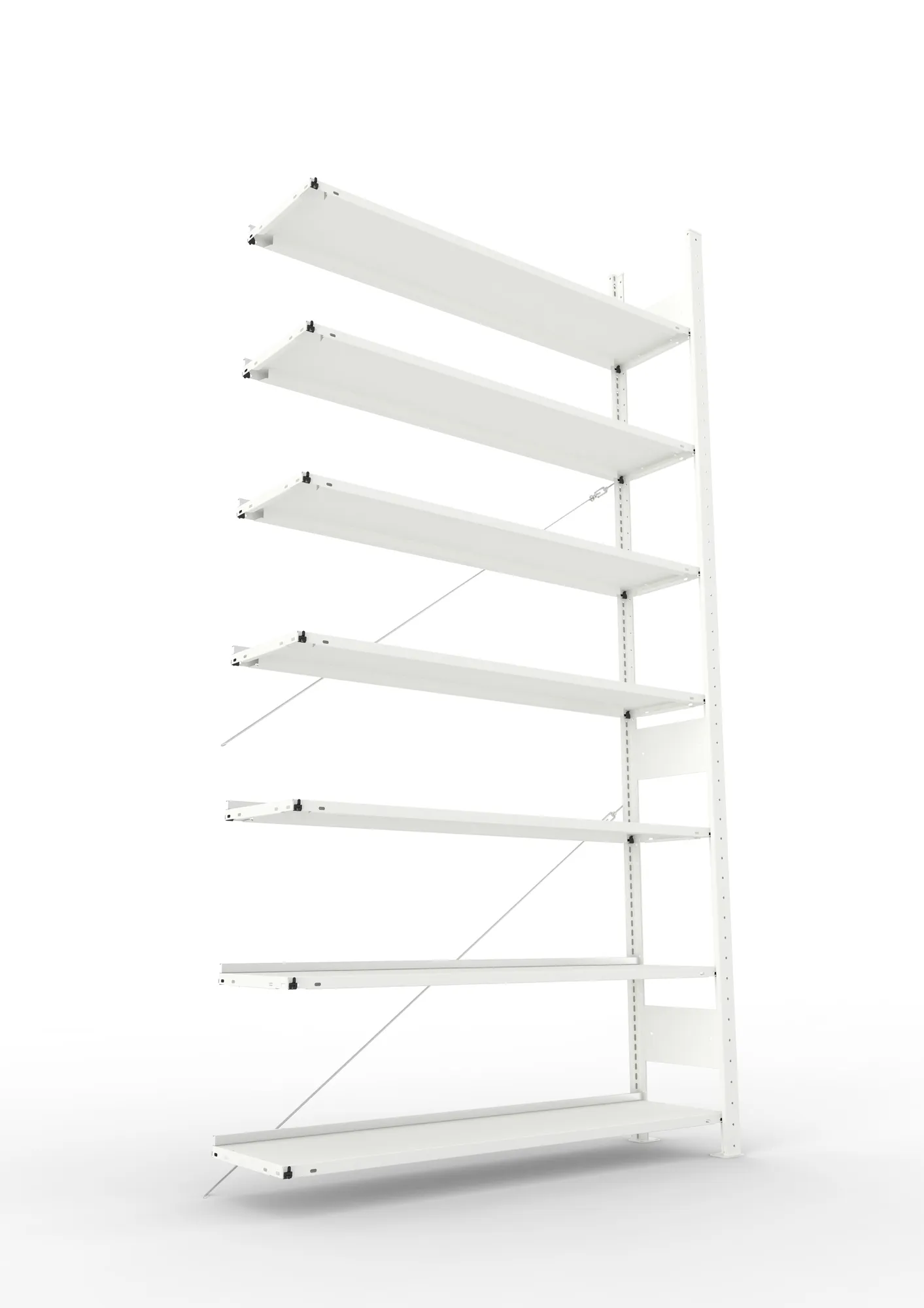 META CLIP COMPACT, Büro-Steckregal, Anbauregal, 2500 x 1250 x 300 mm, Fachlast 80 kg, 7+0 Ebenen, RAL 7035 – Ansicht von unten