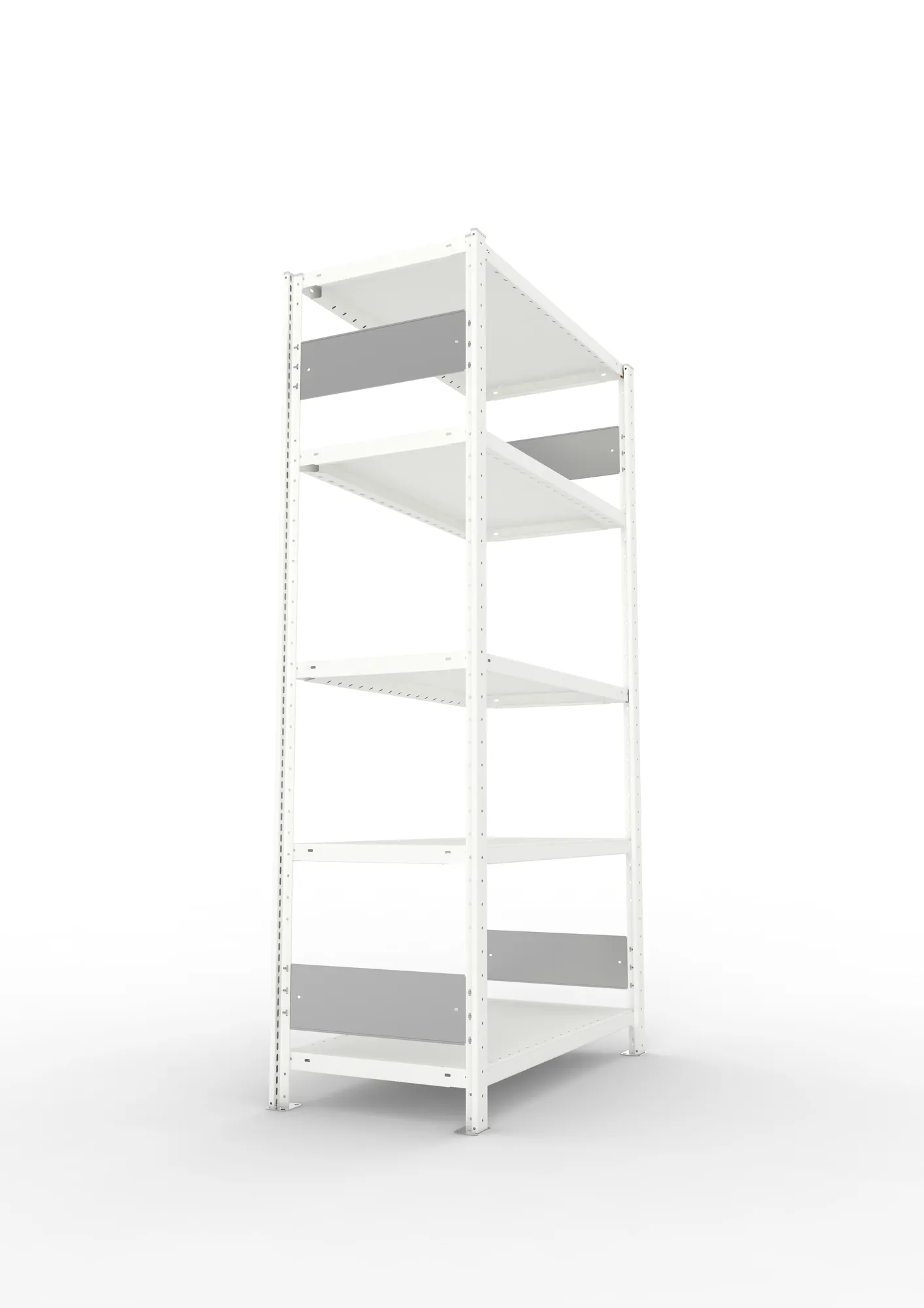 META CLIP S3, Fachbodenregal, Grundregal, 2000 x 1000 x 500 mm, Fachlast 230 kg, 5 Ebenen, Längsriegel, RAL 7035 – Seitenansicht