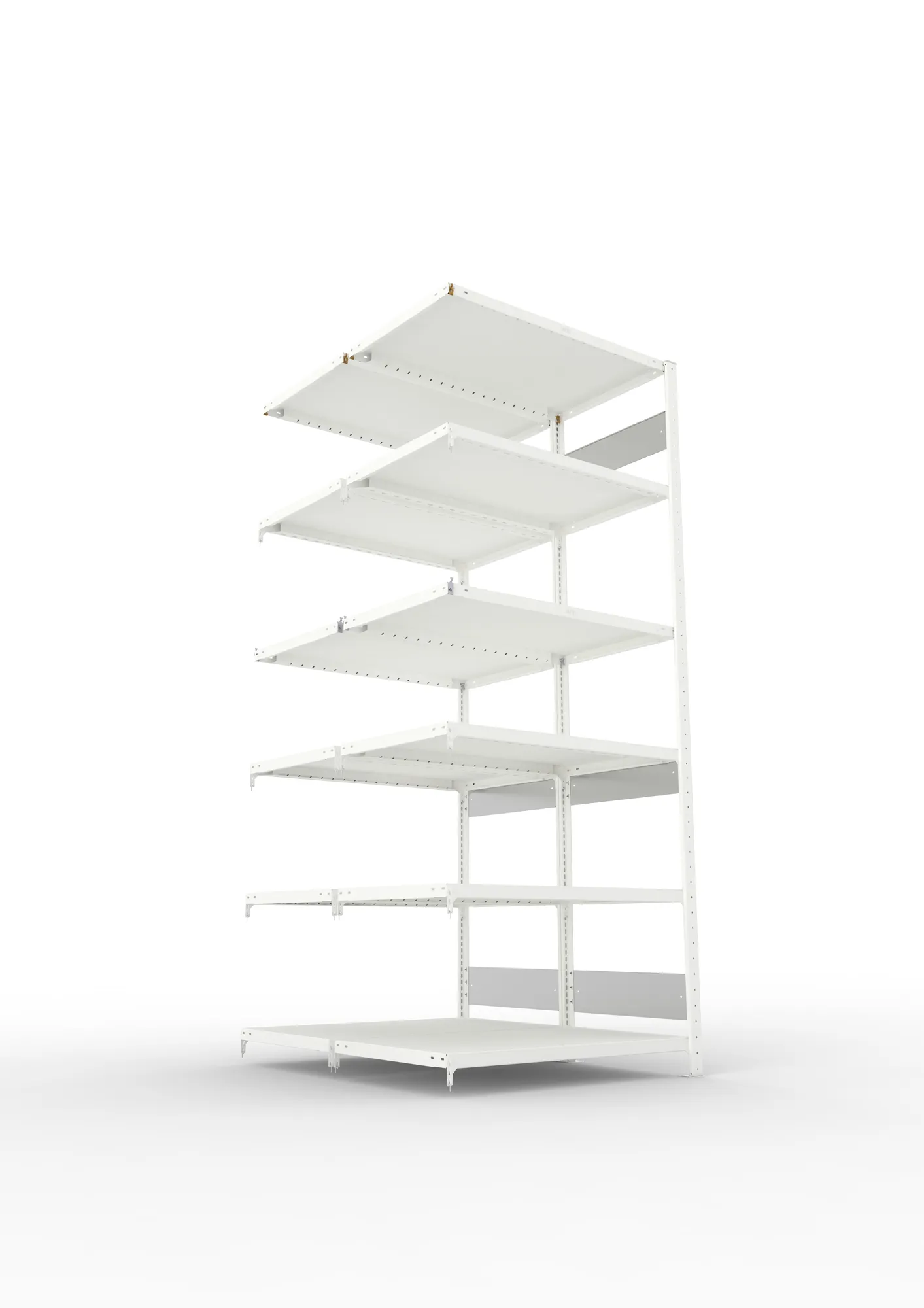 META CLIP S3, Fachbodenregal, Doppel-Anbauregal, 2500 x 1000 x 600 mm, Fachlast 230 kg, 6 Ebenen, Längsriegel, RAL 7035 – Ansicht von unten