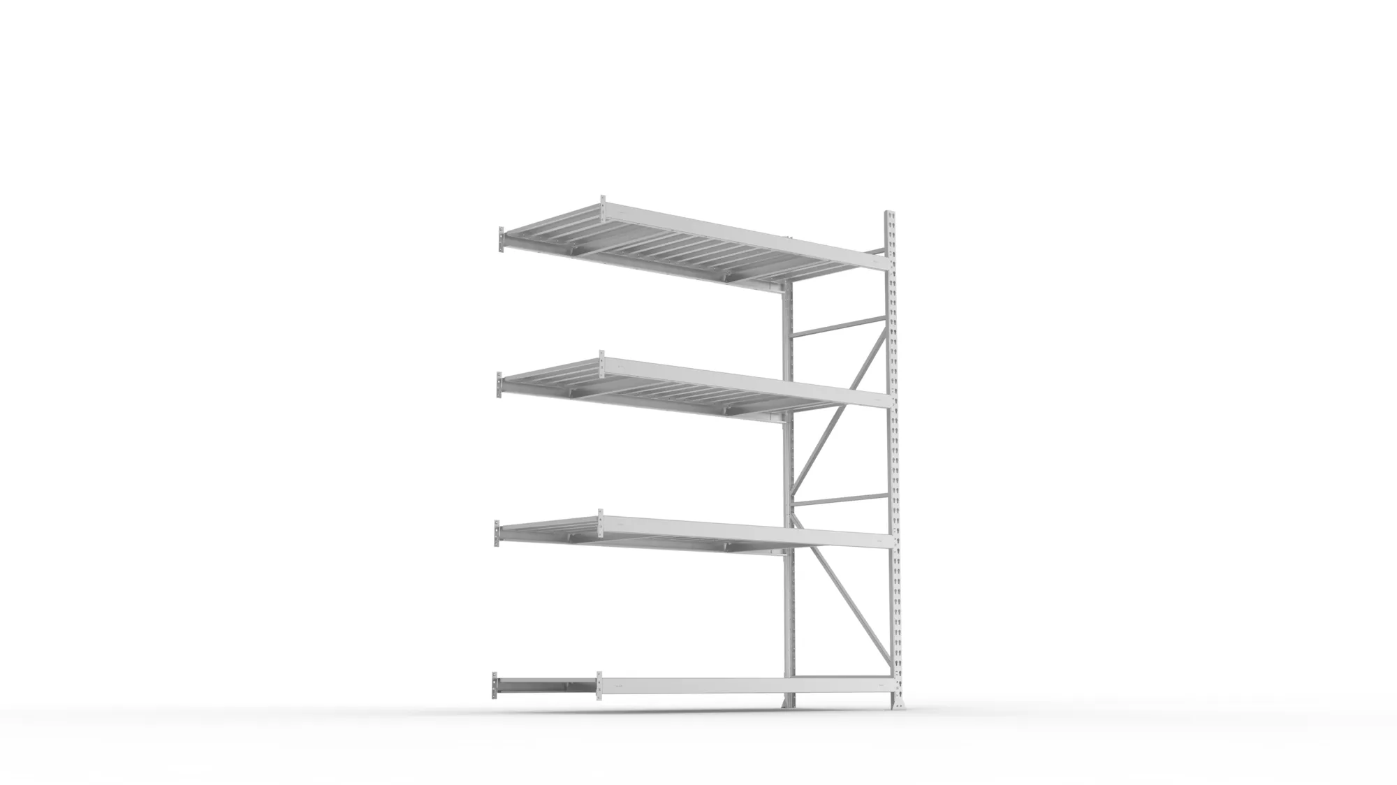 META MINI-RACK, Weitspannregal, Anbauregal, 2500 x 1800 x 800 mm, Fachlast 600 kg, Stahlpaneelböden, 4 Ebenen – Ansicht von unten