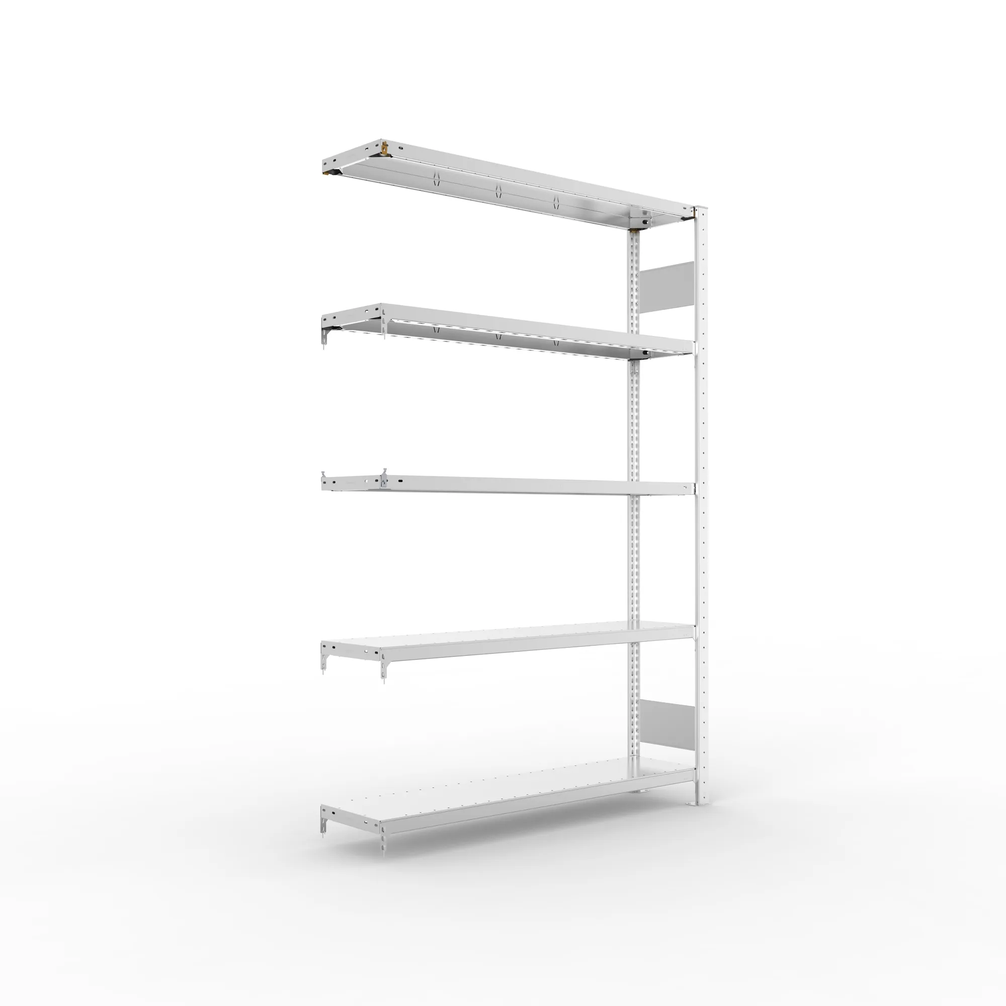META CLIP S3, Fachbodenregal, Anbauregal, 2000 x 1300 x 300 mm, Fachlast 230 kg, 4 Ebenen, Längsriegel, verzinkt – Ansicht in Blickhöhe