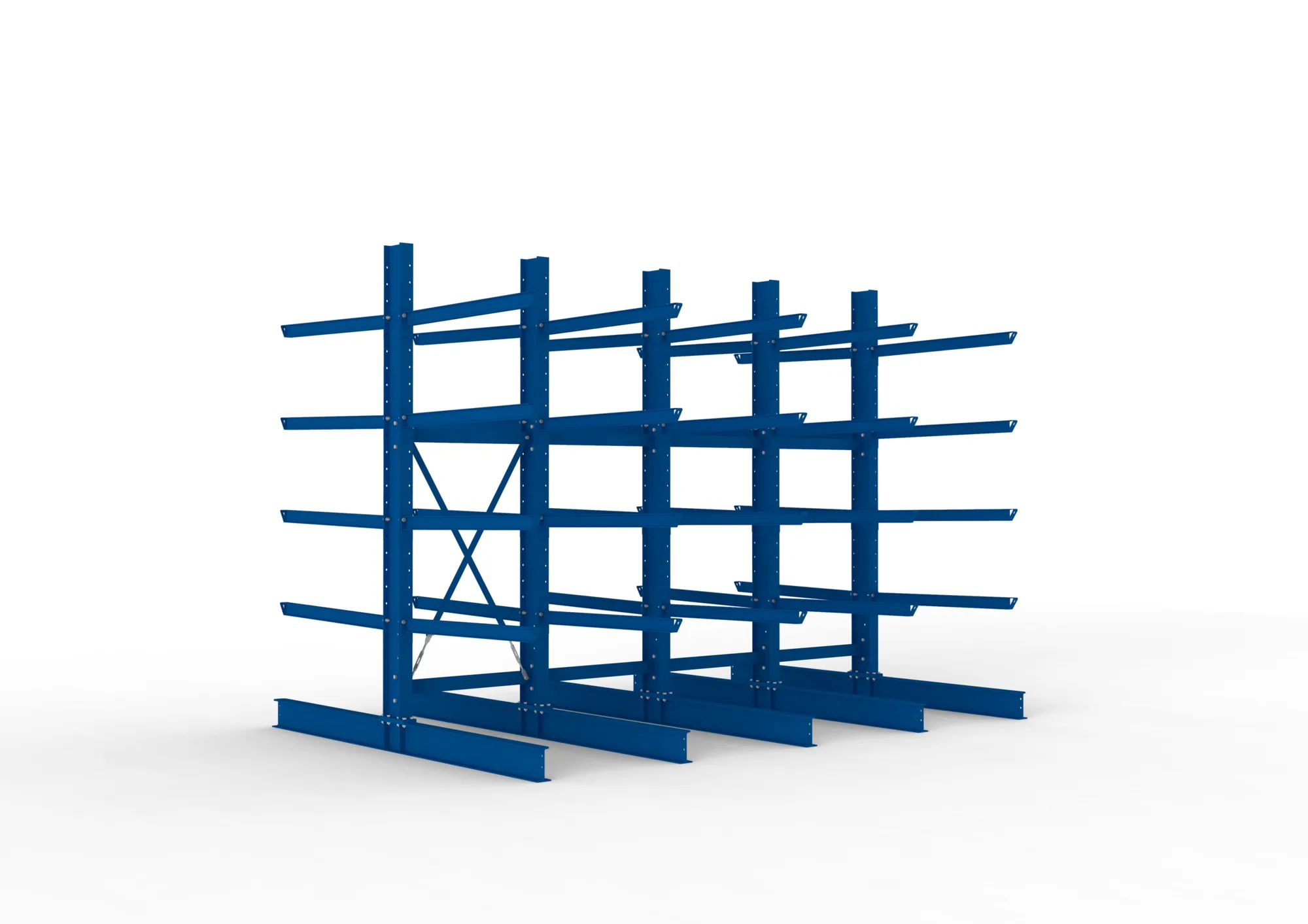 META MULTISTRONG H, Kragarmregal, 4 Felder, 3000 x 4000 x 1250 mm, Armlast 400 kg, doppelseitig, 4+1 Ebenen – Ansicht in Blickhöhe